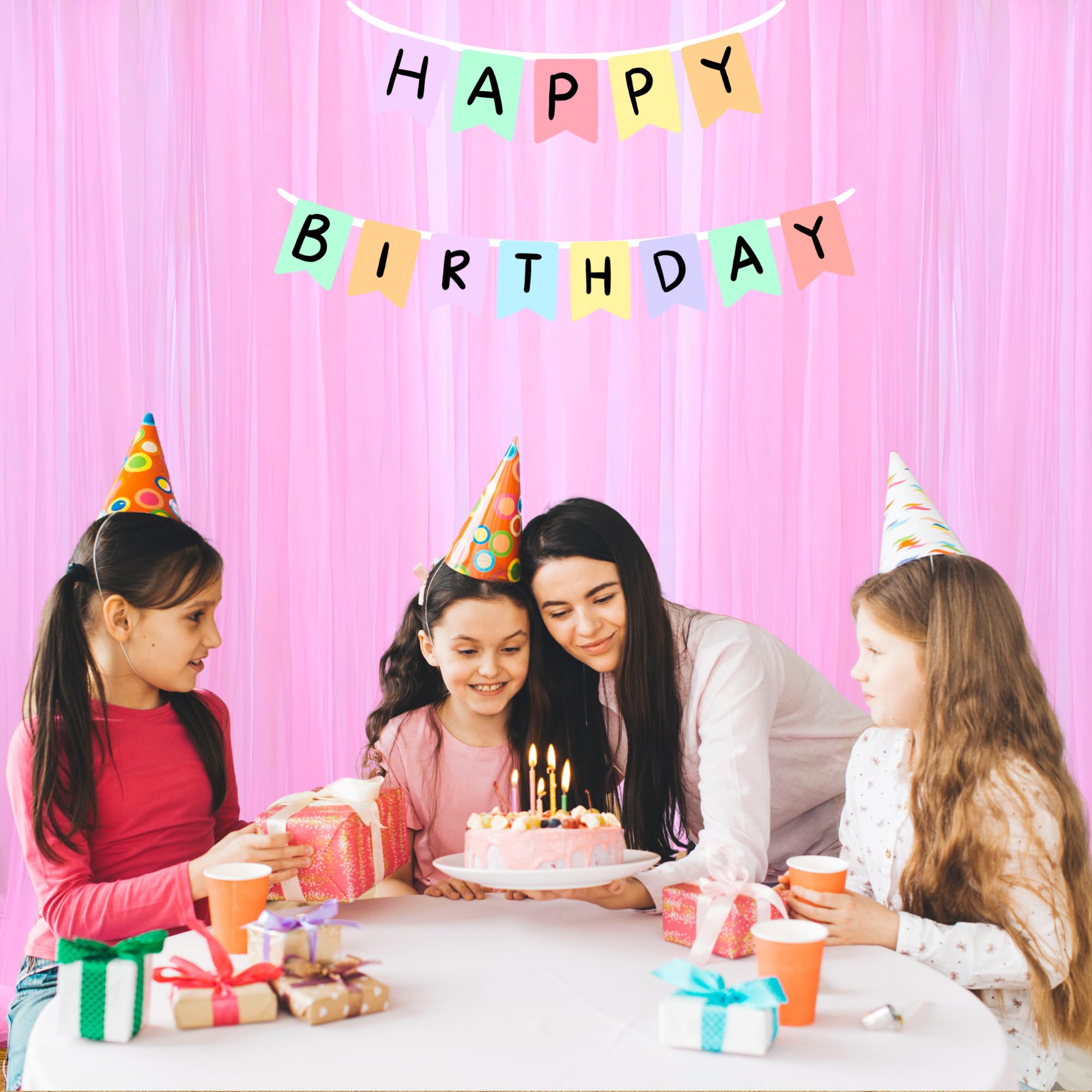 1iAM 2pcs Pink Decoration Net Curtains - Large Size, Stitched with Ribbon, Nylon Made, Reusable, Soft, Wrinkled Free, 8.5x5ft Each, Backdrop Net for Birthday, Anniversary Party Decoration 1