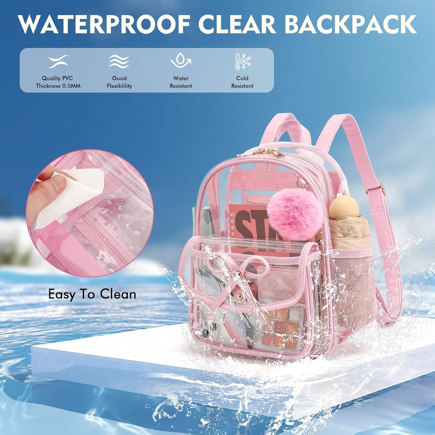 Clear Backpack for Stadium Events 12x12x6, Thick PVC Small Clear Bag with Leather Trim Fashion Women Backpack