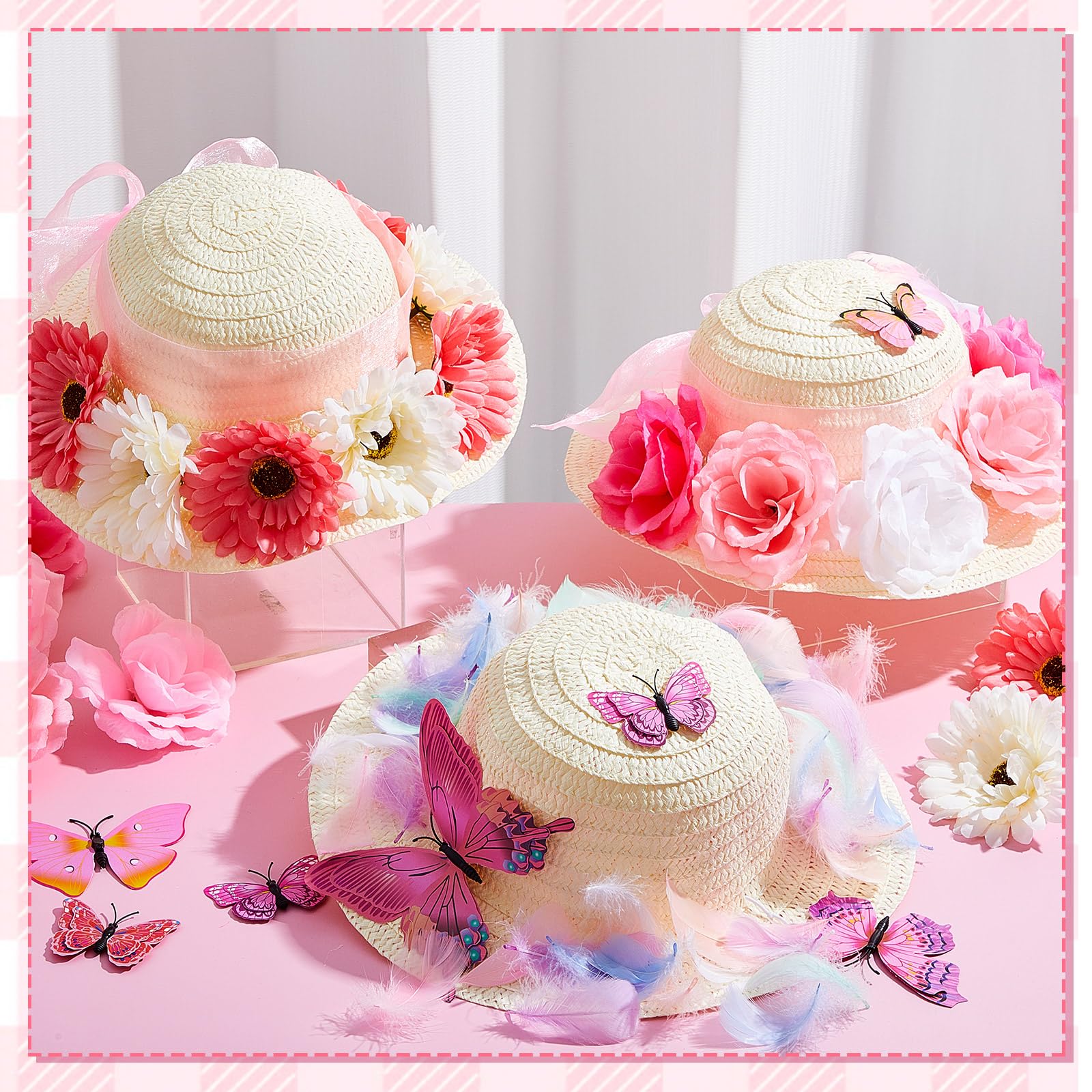 Hotop 197 Pcs DIY Girls Straw Hats Set Tea Party Hats for Kids Include 24 Pcs Straw Hats 48 Pcs Artificial Flower 24 Pcs Faux Butterfly 100 Pcs Fake Feather Straw Hats for Craft Dress up Hats