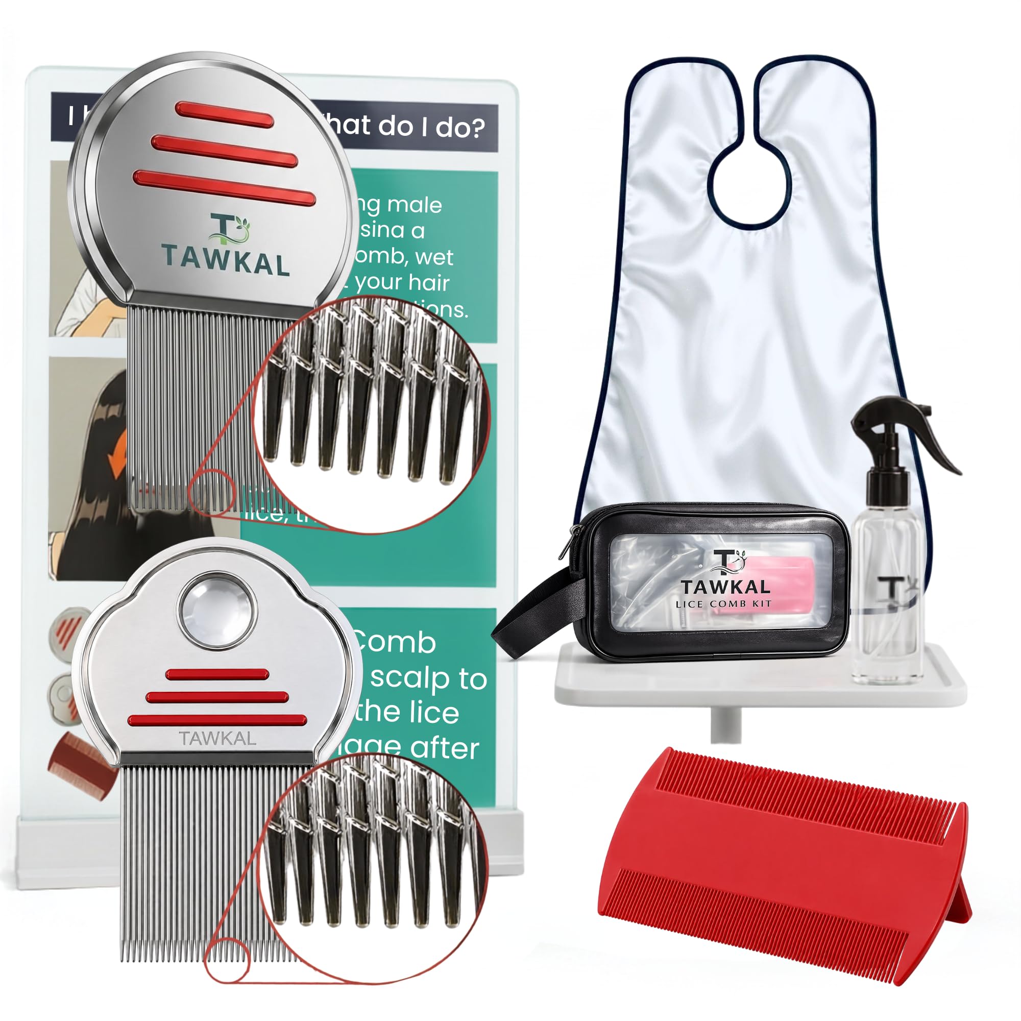 Komplettes 7-teiliges Läuse-Entfernungs-Set, Edelstahl, 3 Läusekamm-Set mit Schutzfolie, Sprühflasche und Haarspangen, entfernt Läuse, Nissen und Schuppen für alle Haartypen | Peigne à Poux