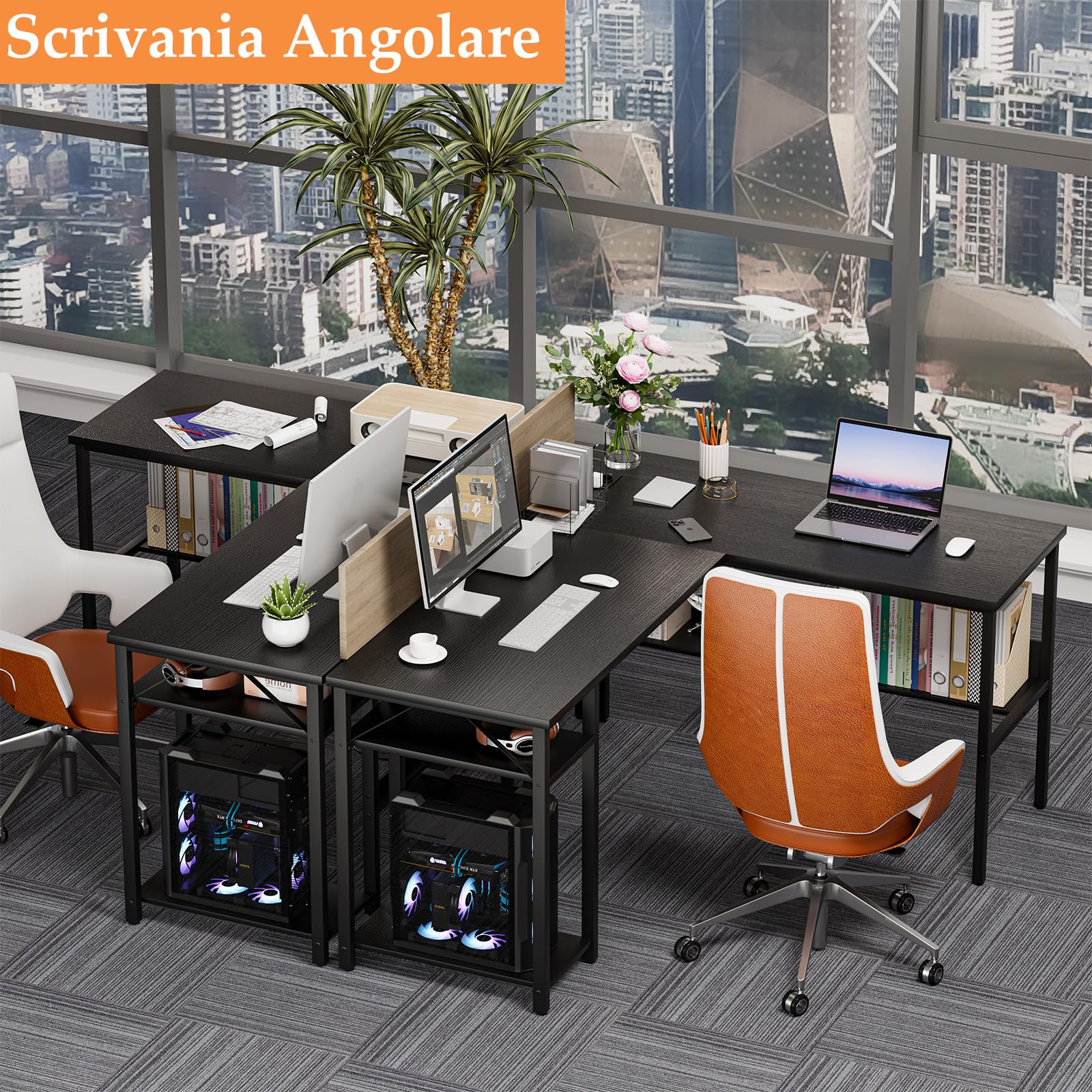 Homieasy Scrivania Angolare 128cm con Prese e USB, Nero | Design Reversibile, Supporto CPU e Ripiano, Salvaspazio per Casa e Ufficio, Metallo e MDF