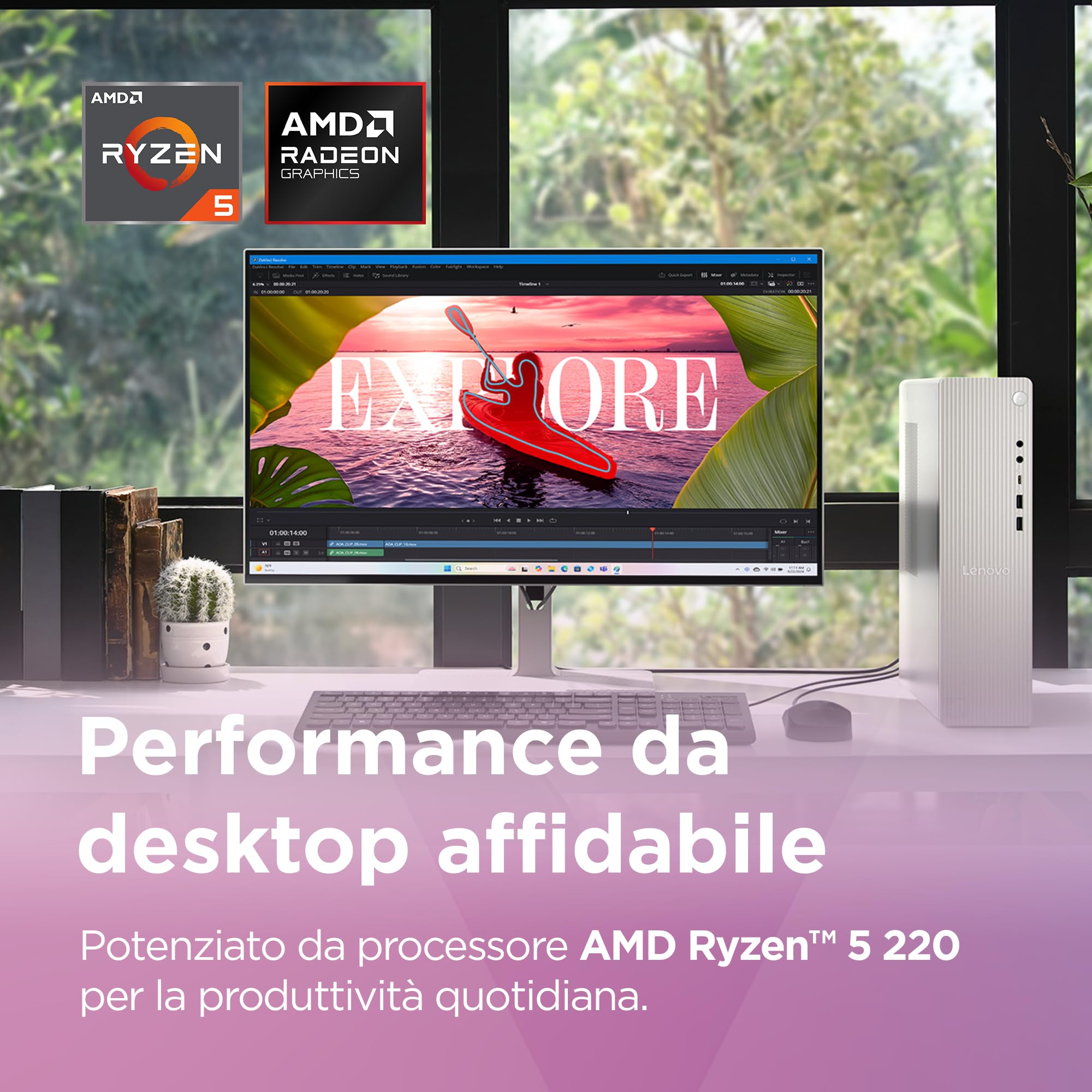 Lenovo IdeaCentre Tower Gen 10 - Desktop, AMD Ryzen 5 220, RAM 16GB, SSD 512GB, Wi-Fi 6, BT 5.3, Windows 11 Home, Mouse e Tastiera USB inclusi - Cloud Grey