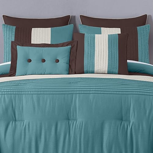Miniatura 4 de Chezmoi Collection Loft - Juego de edredón de lujo a rayas de 8 piezas (tamaño California King, azulbeigemarrón chocolate)