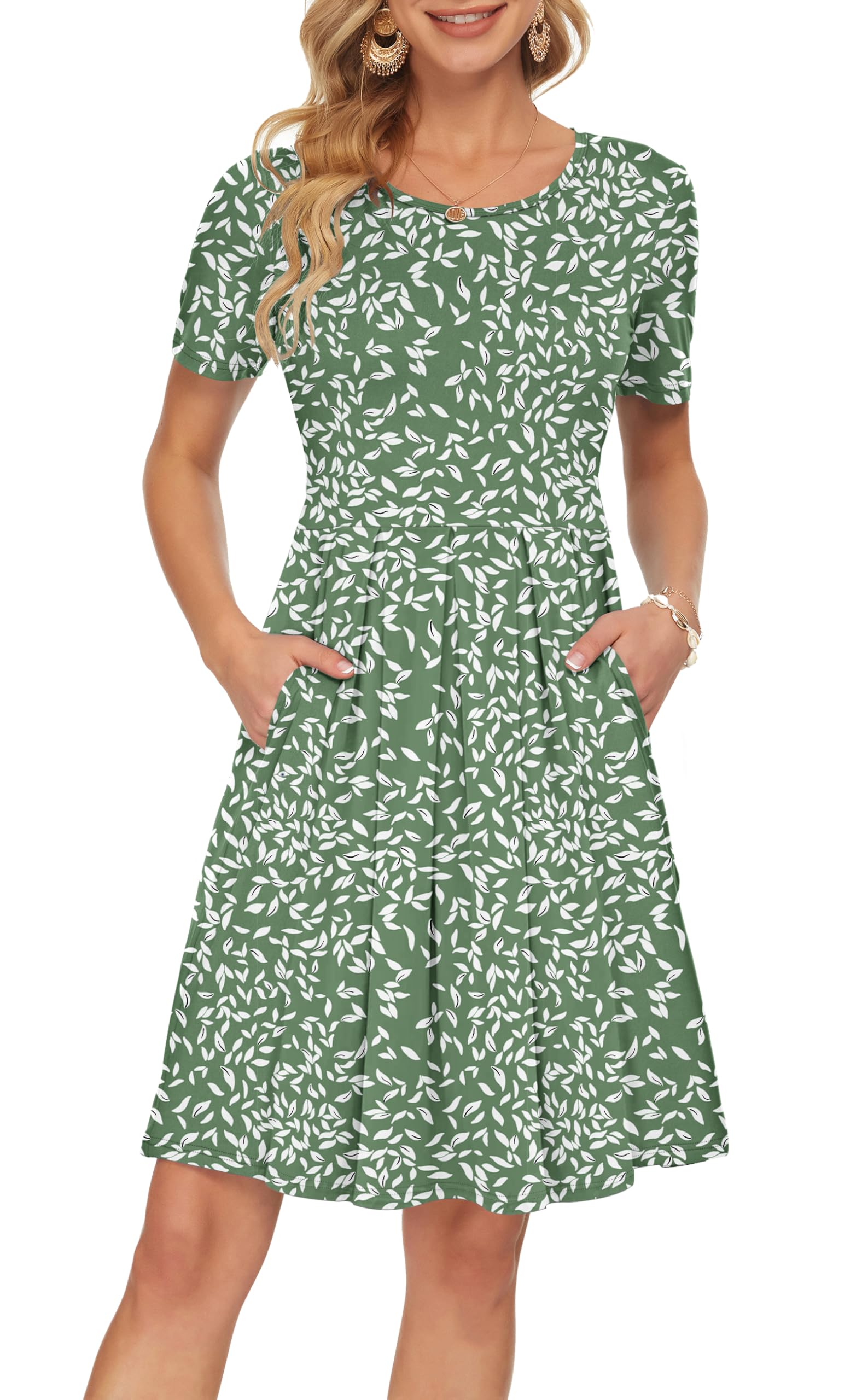 AUSELILY Women's Short Sleeve Pleated Swing Summer Dress with Pockets