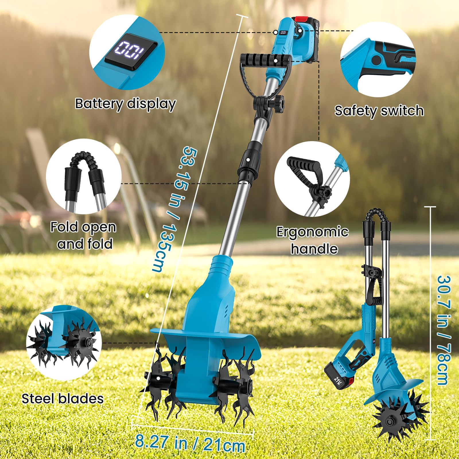 Motoazada Electrica 21V, Motoazada Bateria con 2 x 4.0Ah Bateria, Motor sin Escobillas, Rodillo Doble 4 Cuchillas, Pantalla LED, 20 cm de Ancho y 16 cm de Profundidad, Motoazada para Huertos y Patios