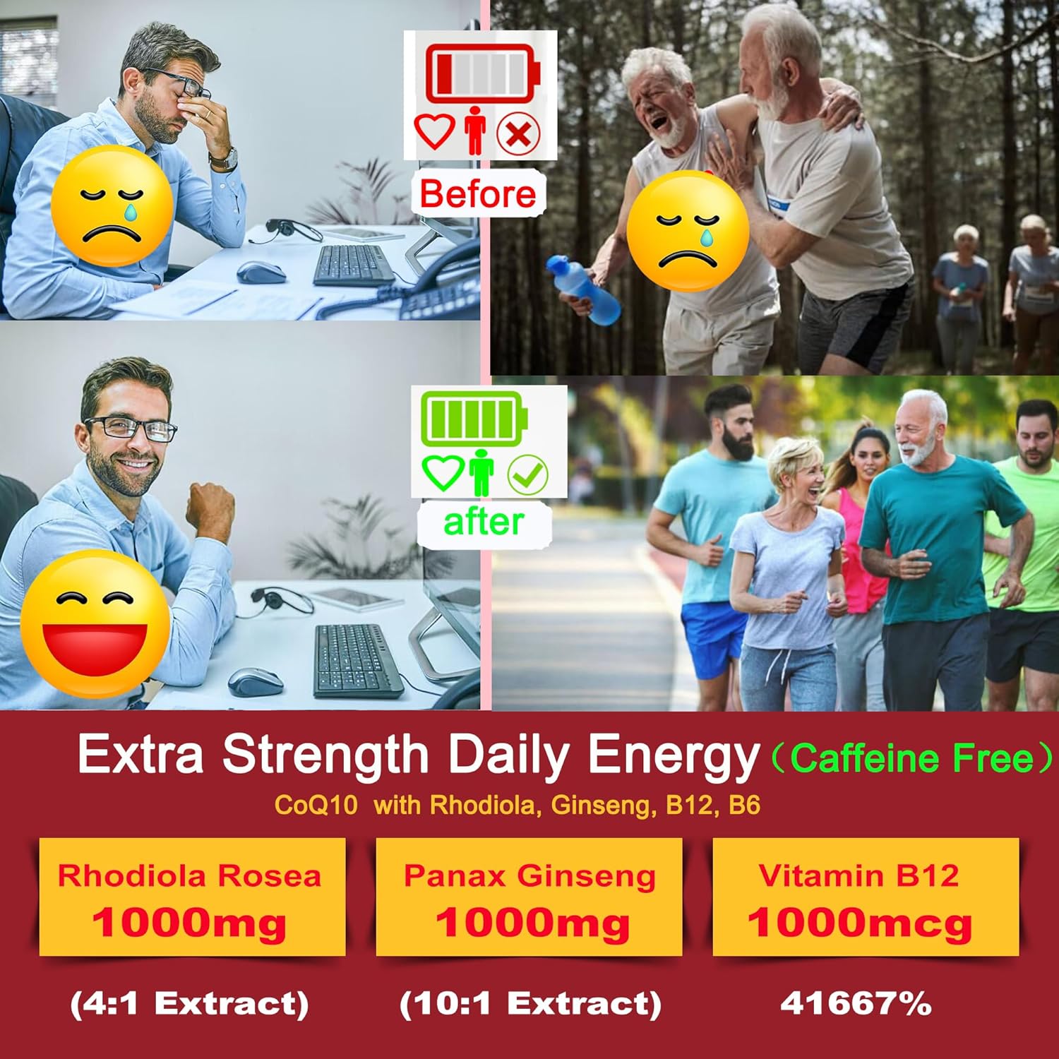 Sugar Free CoQ10 Gummies 200mg/400mg, w/ Methyl B12 1000mcg, B6, Rhodiola Rosea & Panax Ginseng, Ultra Absorption CoQ10 Supplement for Energy, Hear-t Health, Antioxidant & Brain Support,60-Day Supply - Image 5