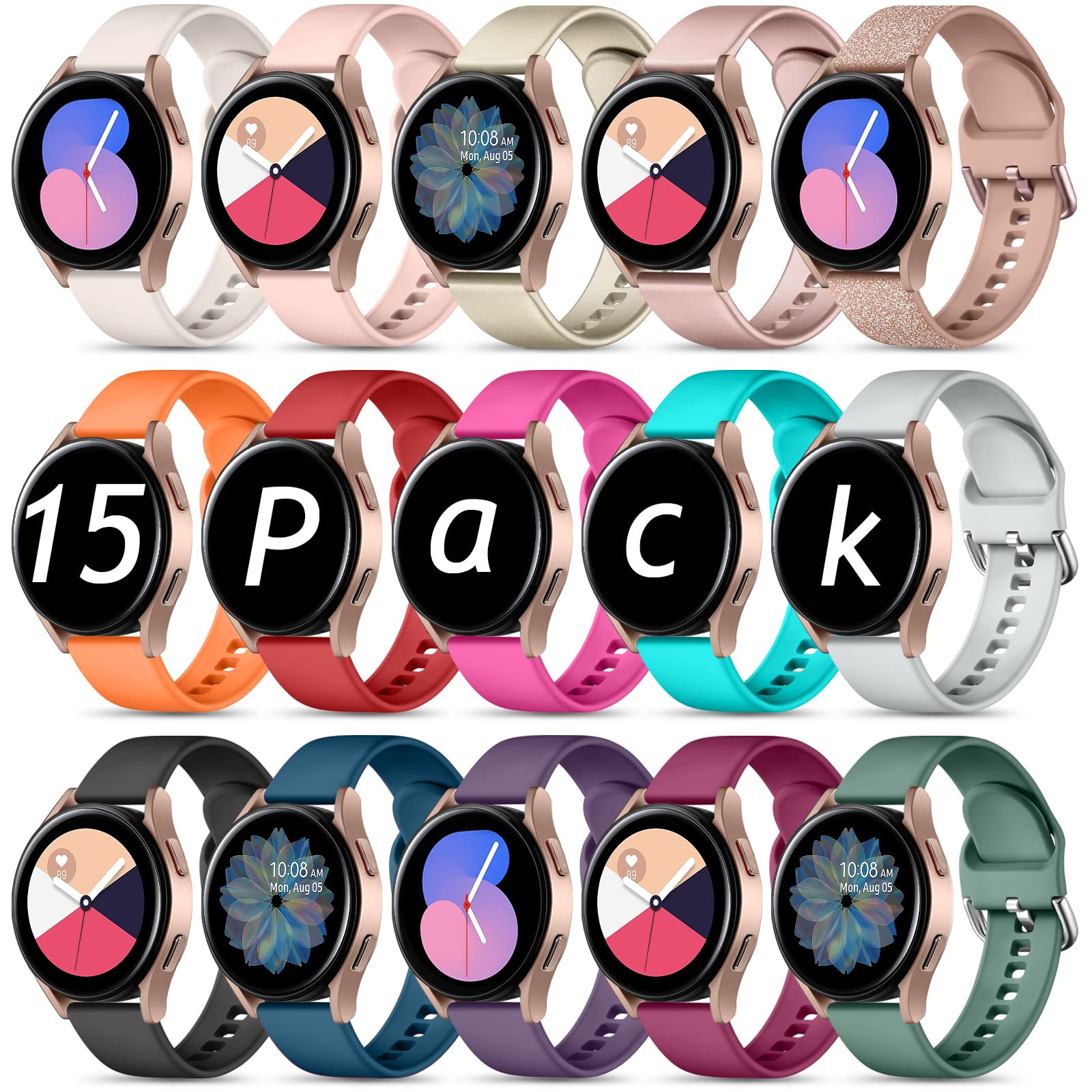 Maledan 15 Pack Bands Compatible with Samsung Galaxy Watch 7 6 5 4 Band 40mm 44mm, Galaxy Watch 5 Pro 45mm/Watch 6 4 Classic 42mm 46mm 43mm 47mm/