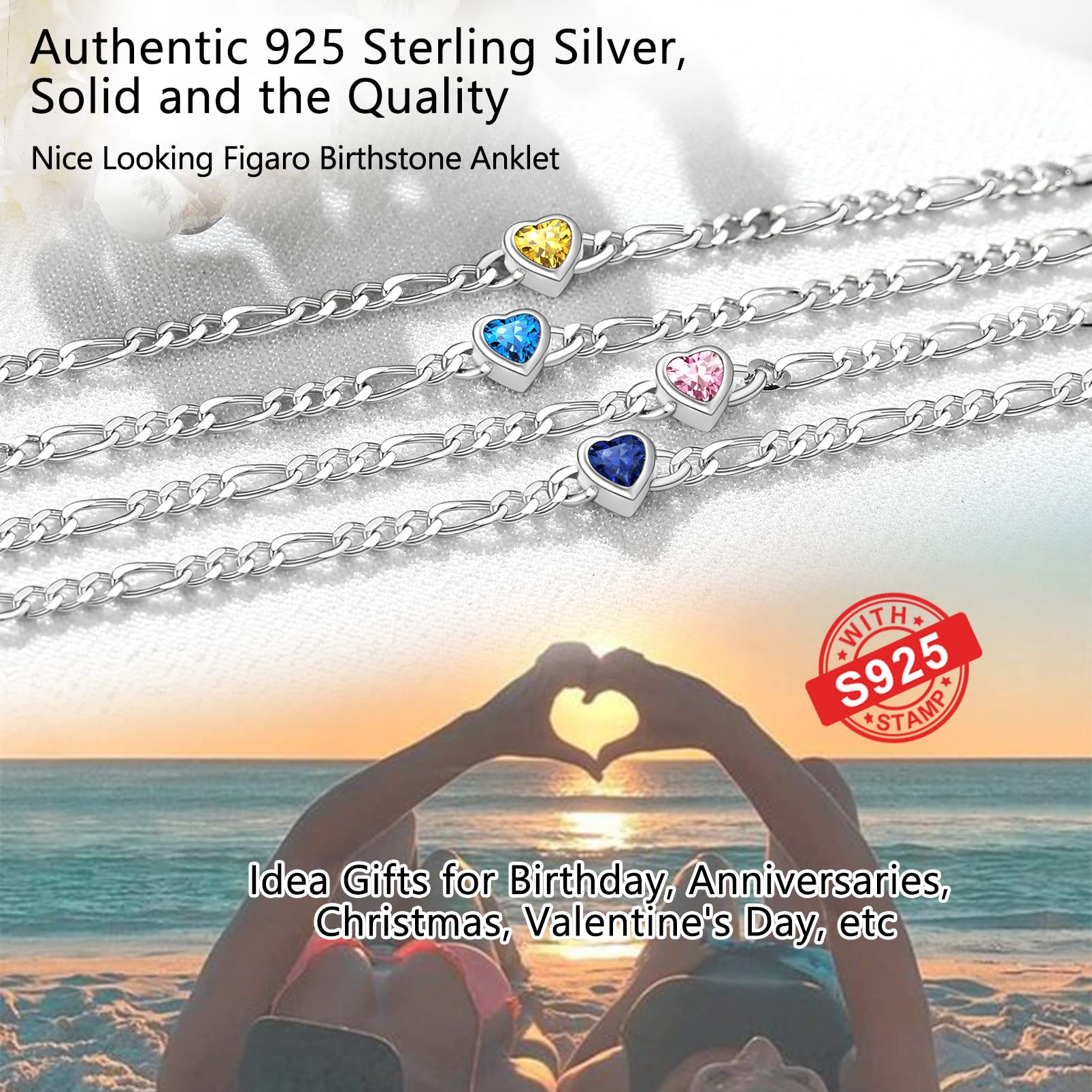 PROSILVER Cavigliera Argento 925 con Cuore Pietra Portafortuna 12 Mesi da Estate Spiaggia con Confezione Regalo 22+5cm Regaolabile