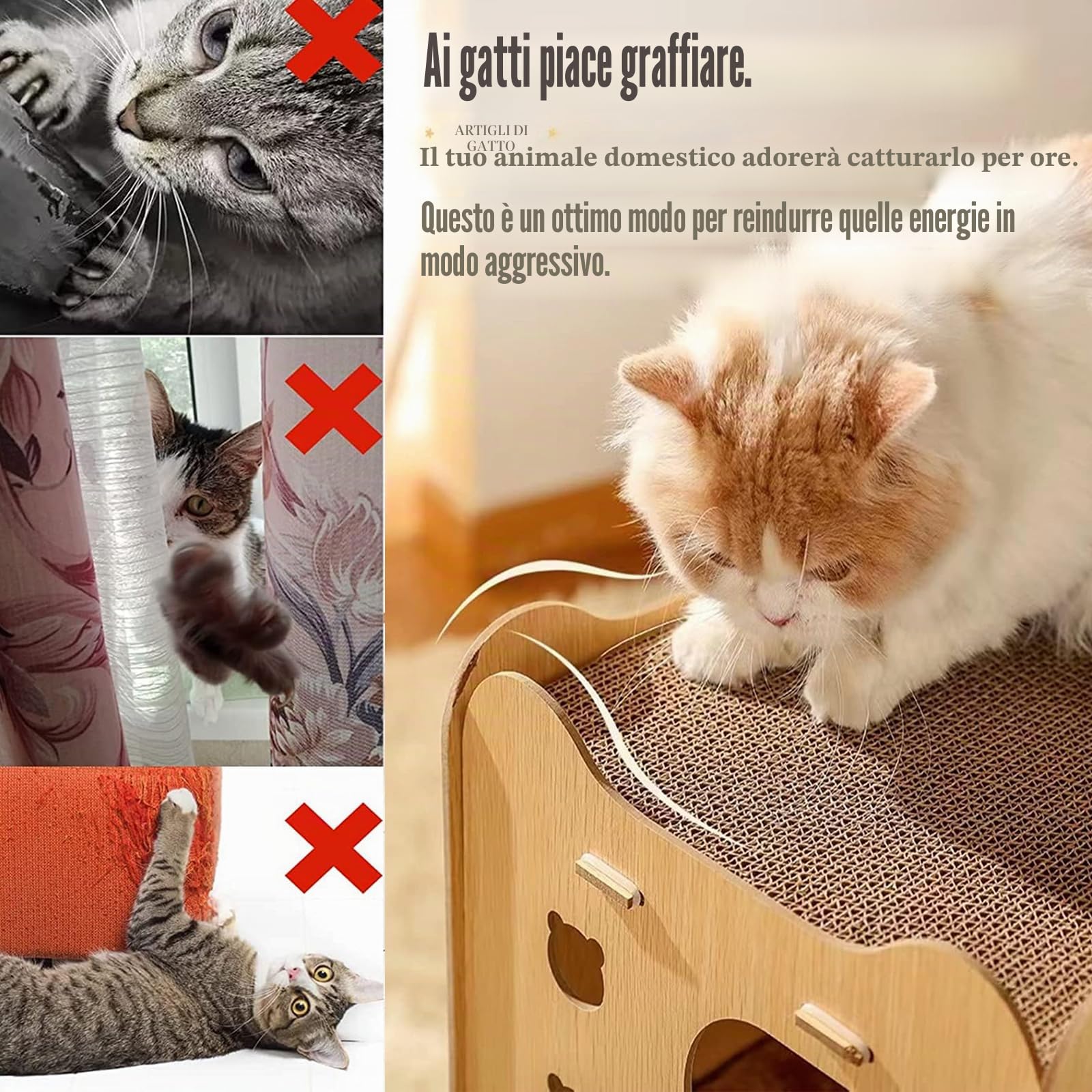 Tiragraffi cartone,Cuccia gatto,di legno Casetta per gatti,lungo：45cm，Larghezza：28cm，alto：30cm,2 che affilano gli artigli, Trespolo per,Tappetino tiragraffi per gatti.