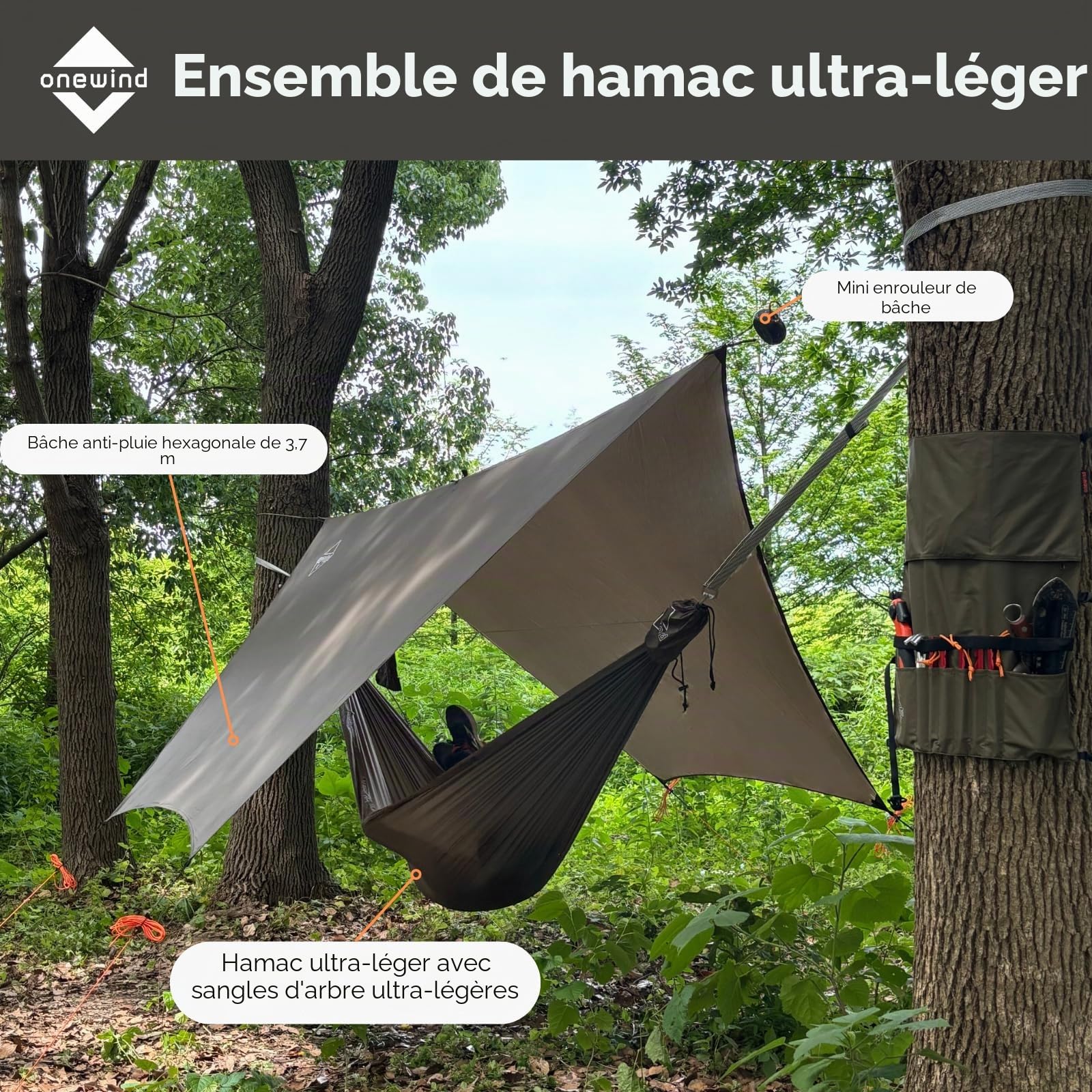 Onewind Hamac hexagonal imperméable 3,5 x 3 m | Bâche légère en nylon indéchirable 20D de 31,2 g, 4 000 mm, résistante à l'eau, bâche de tente 4 saisons pour la randonnée