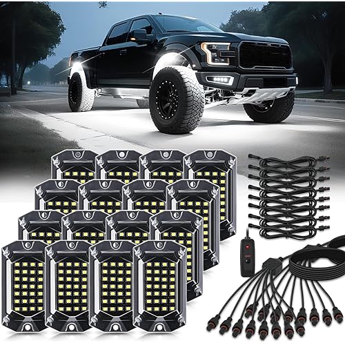 16 Pods Full Angle Pure White LED Rock Lights with Extension Wires, IP68 Waterproof 6500K 28 LEDs Super Bright White Neon Underglow Kit for Trucks Trailer Offroad Pickup Boat RV SUV UTV ATV