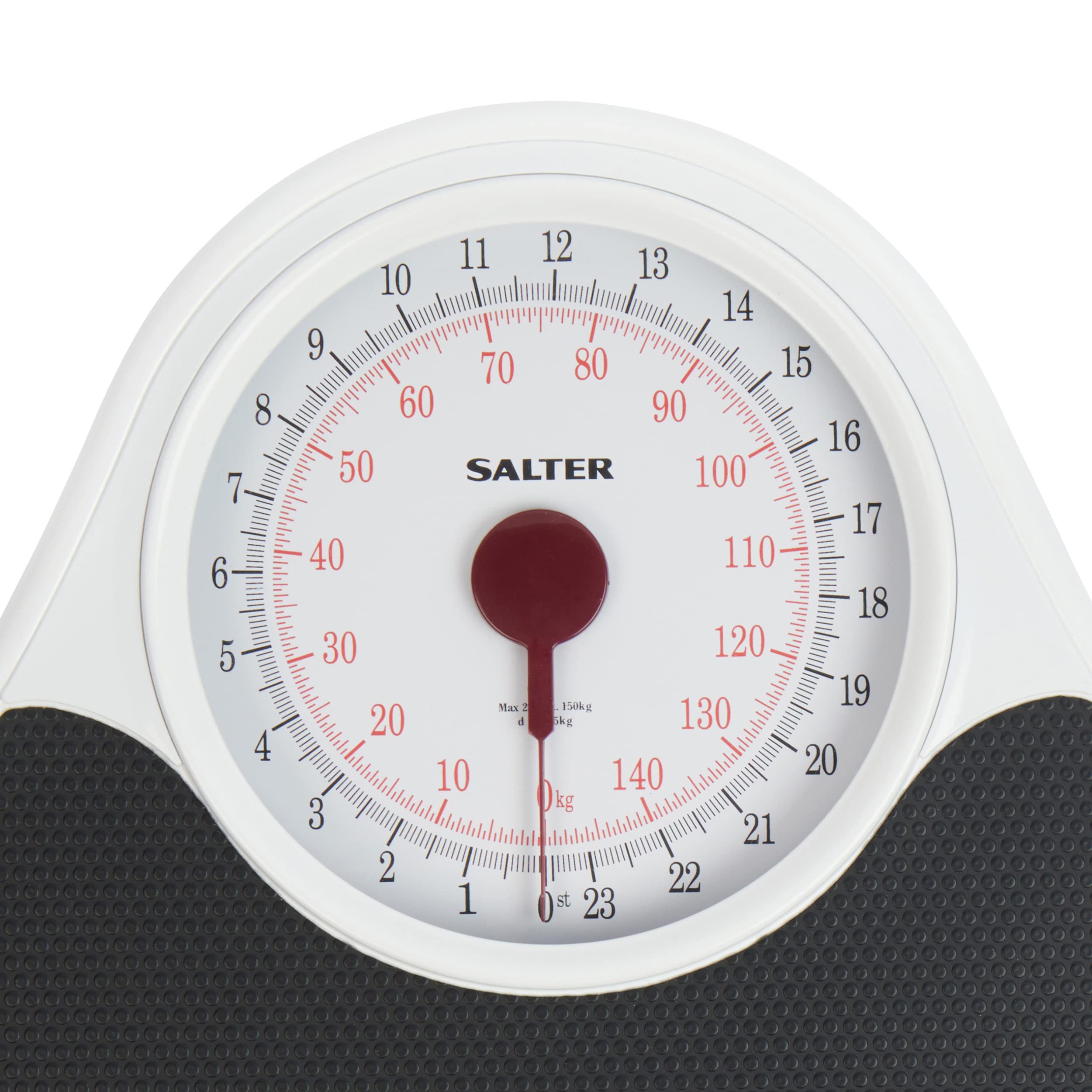 Salter 145 BKDR Mechaniczna waga łazienkowa retro, zakres 150 kg, duża platforma, czytelna tarcza, dokładne ważenie w kg, kamieniach i funtach, biała/czarna
