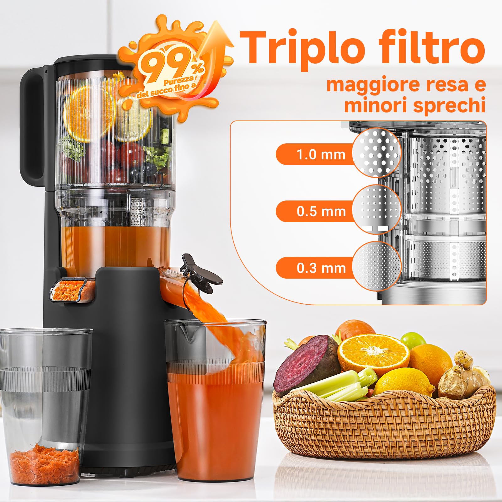 AOBOSI Estrattore frutta e verdura, 135MM XXL Grande Canale di Alimentazione per Frutta e Verdura Intere - Capacità 1,5L, 200 W Slow juicer, Triplo Filtro