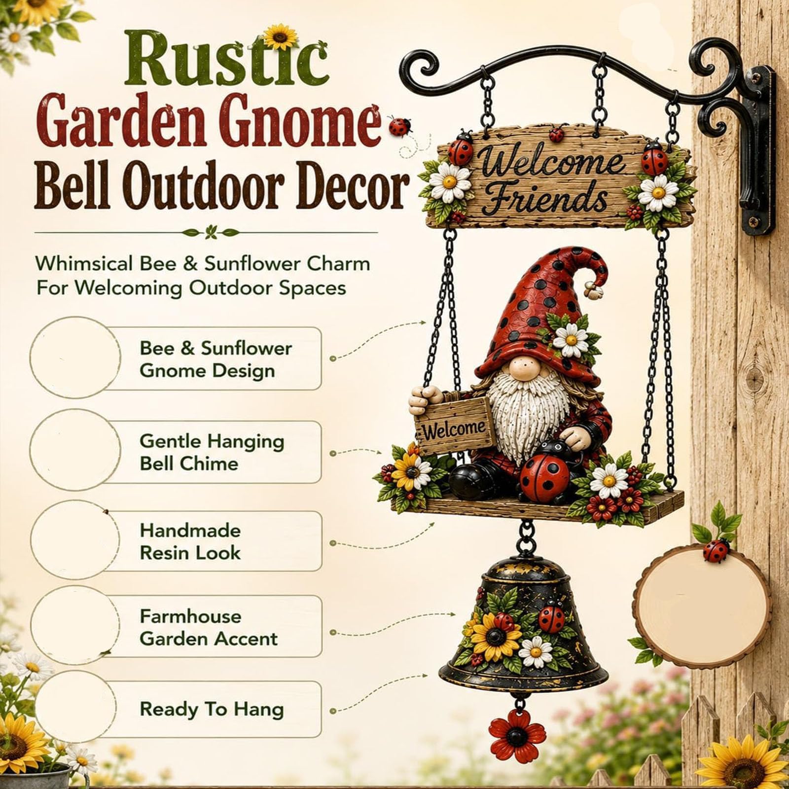 Gnomo Rustico Campana da Appendere, Gnomo Ape Girasole Campana di Benvenuto Decorazione da Appendere alla Parete, Gnomi Fatti a Mano in Fattoria, Campana a Vento, con Caloroso Saluto (#a)