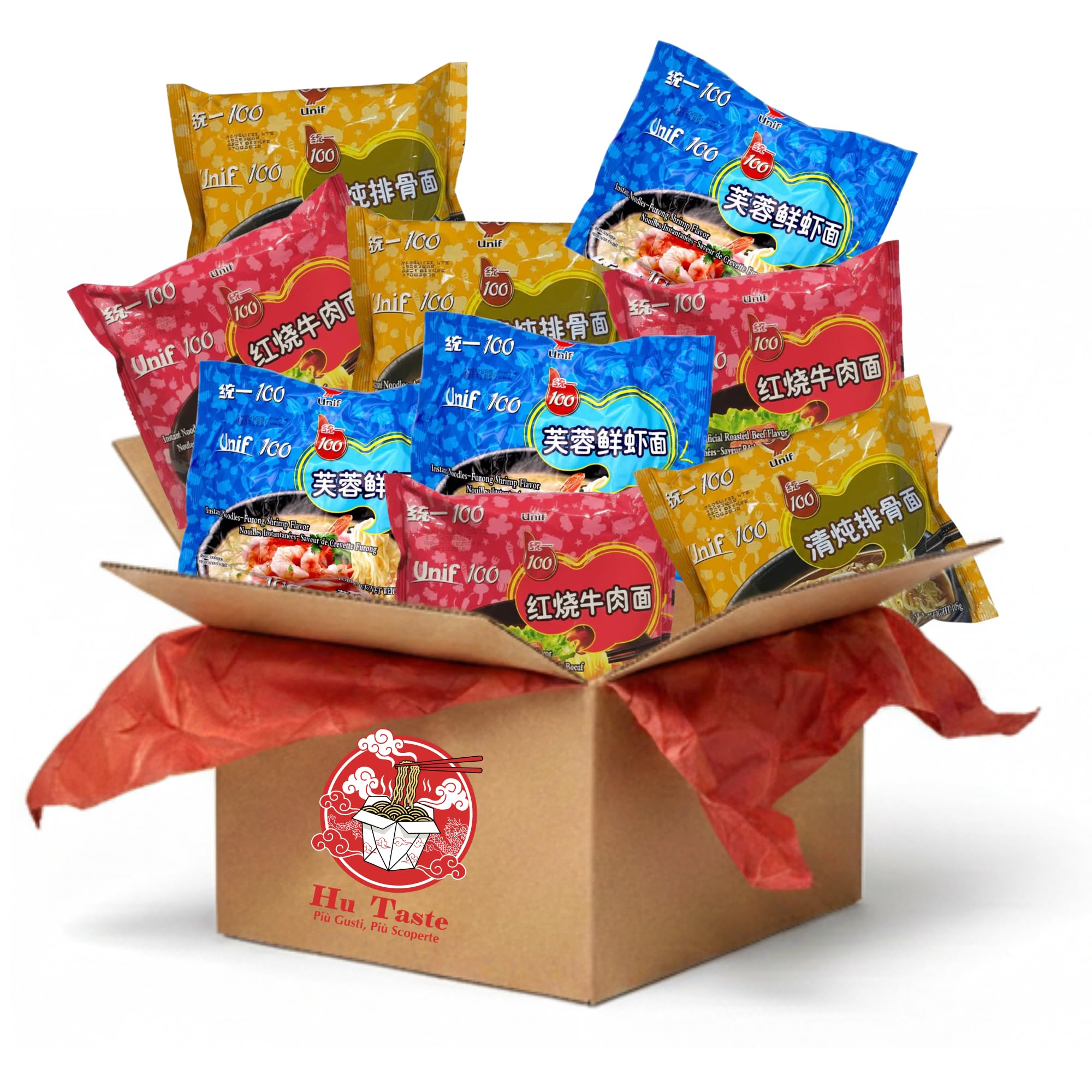 HU TASTE Kit Ramen Istantaneo UNIF Selezioni Brasate: Manzo, Costine di Maiale e Frutti di mare - Noodles Giapponesi e Cibo Cinese Pronto - Box Regalo Cucina Orientale e Asian Food - 9 Pack