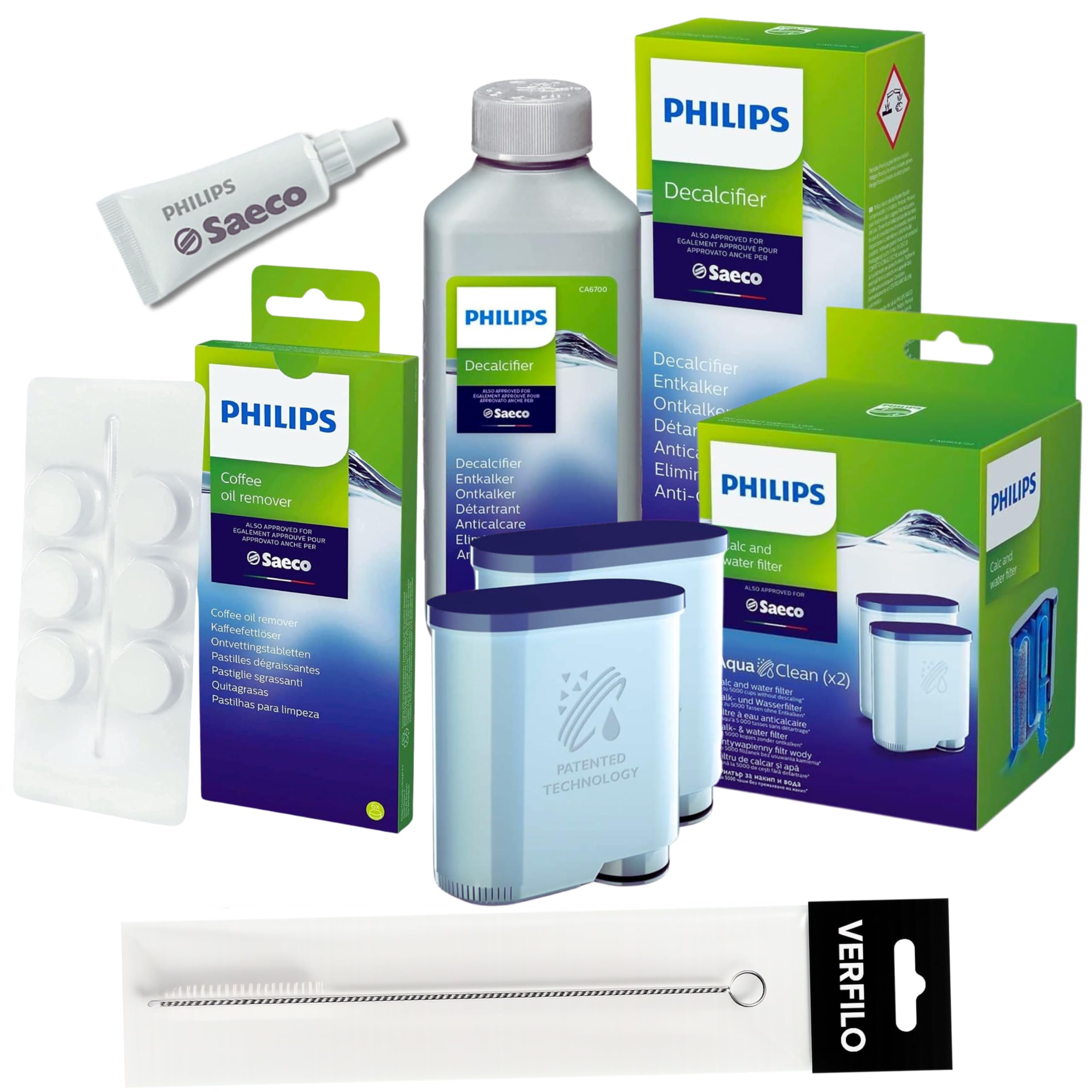 Pflegeset für Kaffeemaschinen kompatibel mit Philips AquaClean: Wasserfilter CA6903/22 (2 Stück), Entkalker CA6700, Reinigungstabletten CA6704/10, Schmierfett HD5061, Reinigungsbürste VERFILO