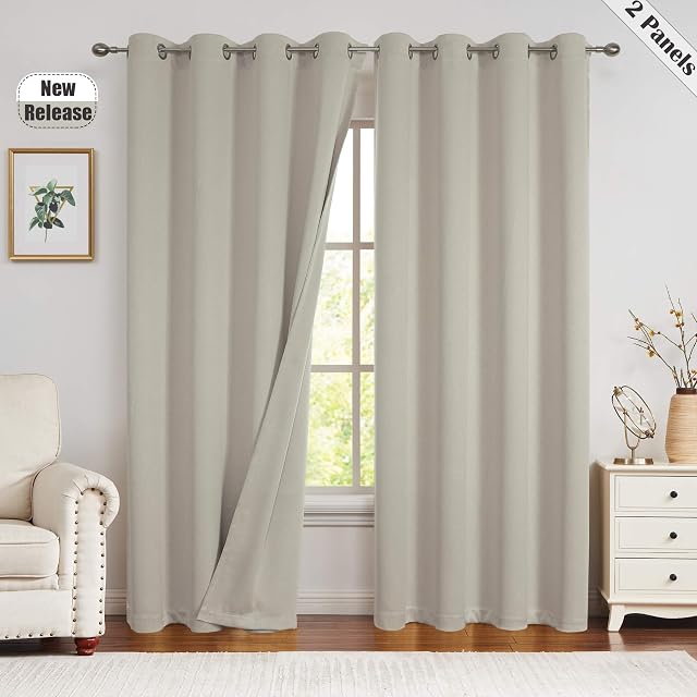 Beauoop Beige Thermal Insulated Curtains 90% Room Darkening Linen Triple Weave Energy Saving Noise Reducing Drapes Grommet Solid Blackout Window Treatment Set, 2 Panels (50 W x 72 L, Beige)