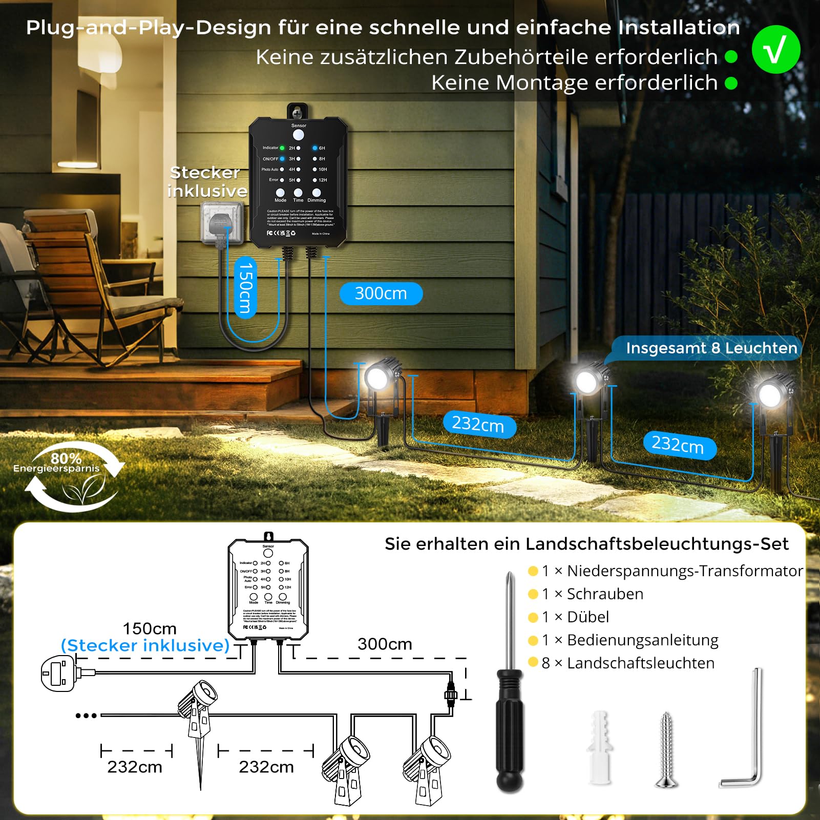 LightingWill Zewnętrzne oświetlenie ogrodowe LED z palikiem, 8 sztuk, oświetlenie 24 V z czujnikiem zmierzchu i timerem, zimna biel 5000-6000 K, IP65, do ścieżek, tarasu i ogrodu