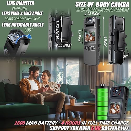 Miniatura 3 de Cámara corporal con grabación de audio y video, cámara corporal HD 1080P con lente giratoria de 180, batería de 6 horas, visión nocturna automática