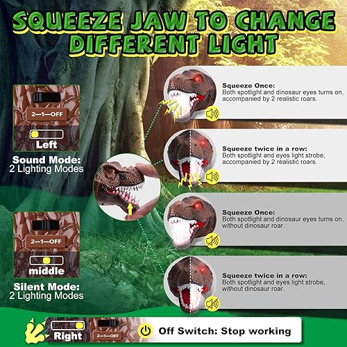 Miniatura 5 de Linterna de dinosaurio para niños, paquete de 2, faros LED recargables, modo rugido y silencioso, juguetes de dinosaurio T-Rex 3-5, 4, 6, 5, 7, 6,