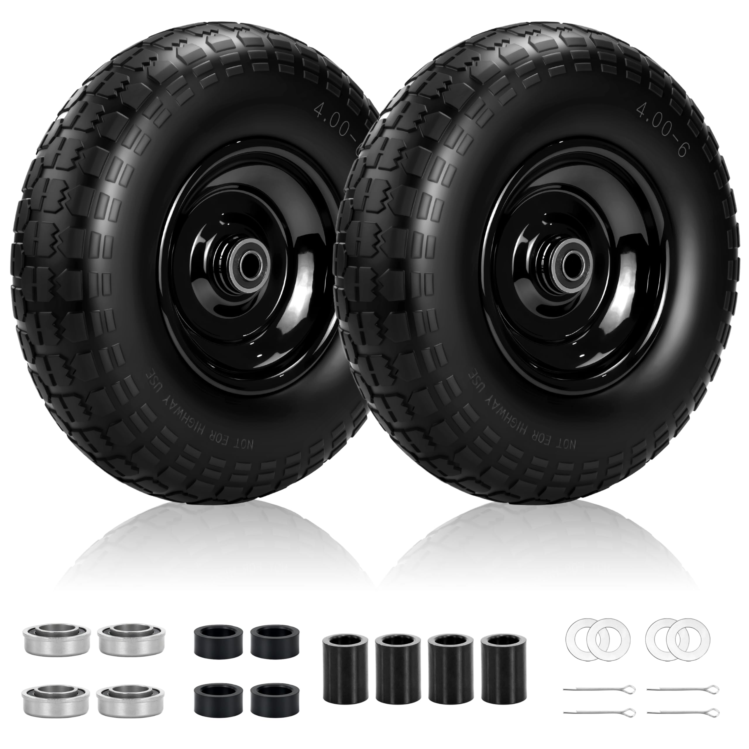 2 Pcs 13x4.00-6 Flat Free Tire and Wheel with 5/8" &amp; Extra 3/4" Bearings
