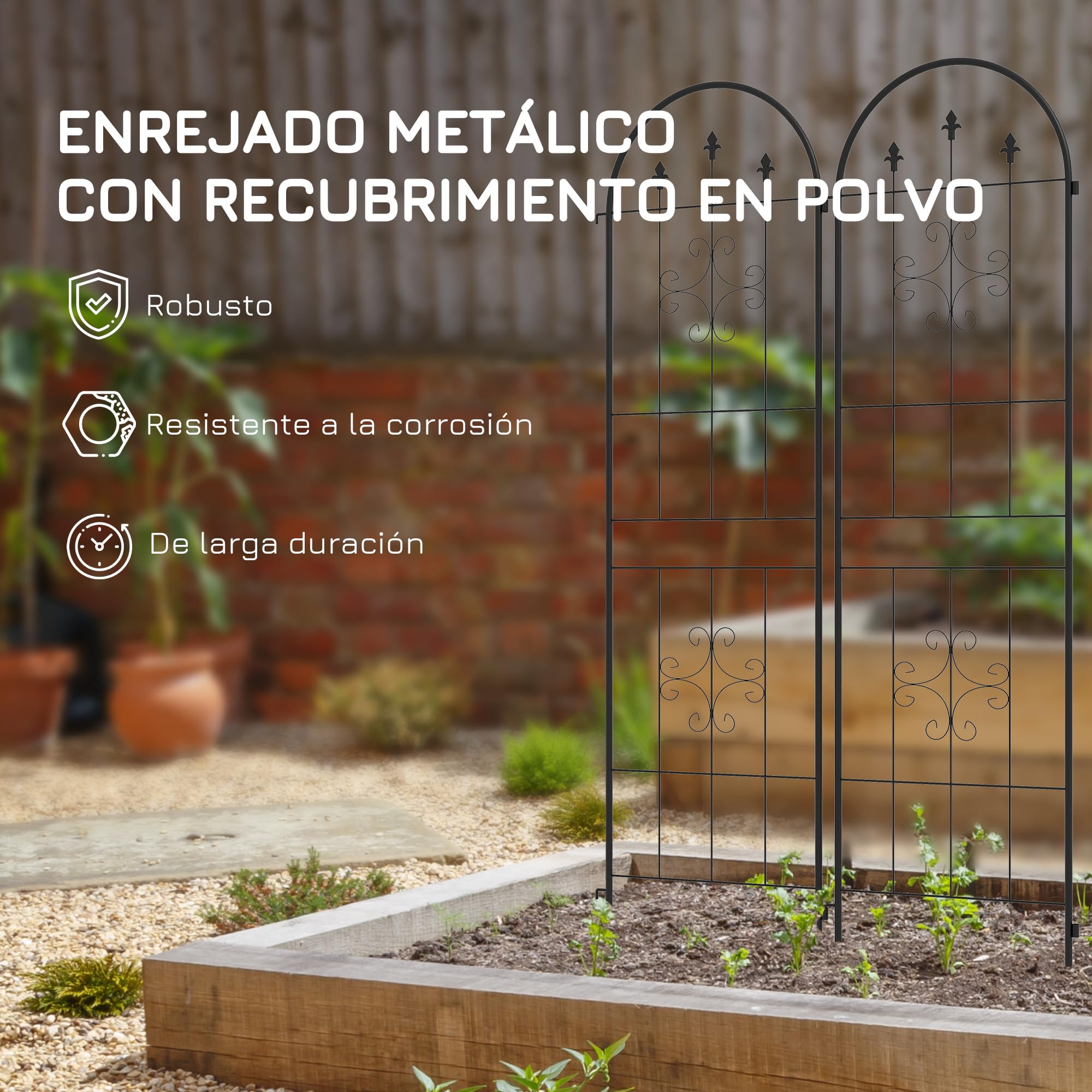 Outsunny Juego de 2 Enrejados de Jardín, Soportes para Plantas Trepadoras con Marco de Acero, para Frutas, Verduras, Flores, Decoración Exterior para Patio, Terraza, 50x180 cm, Negro