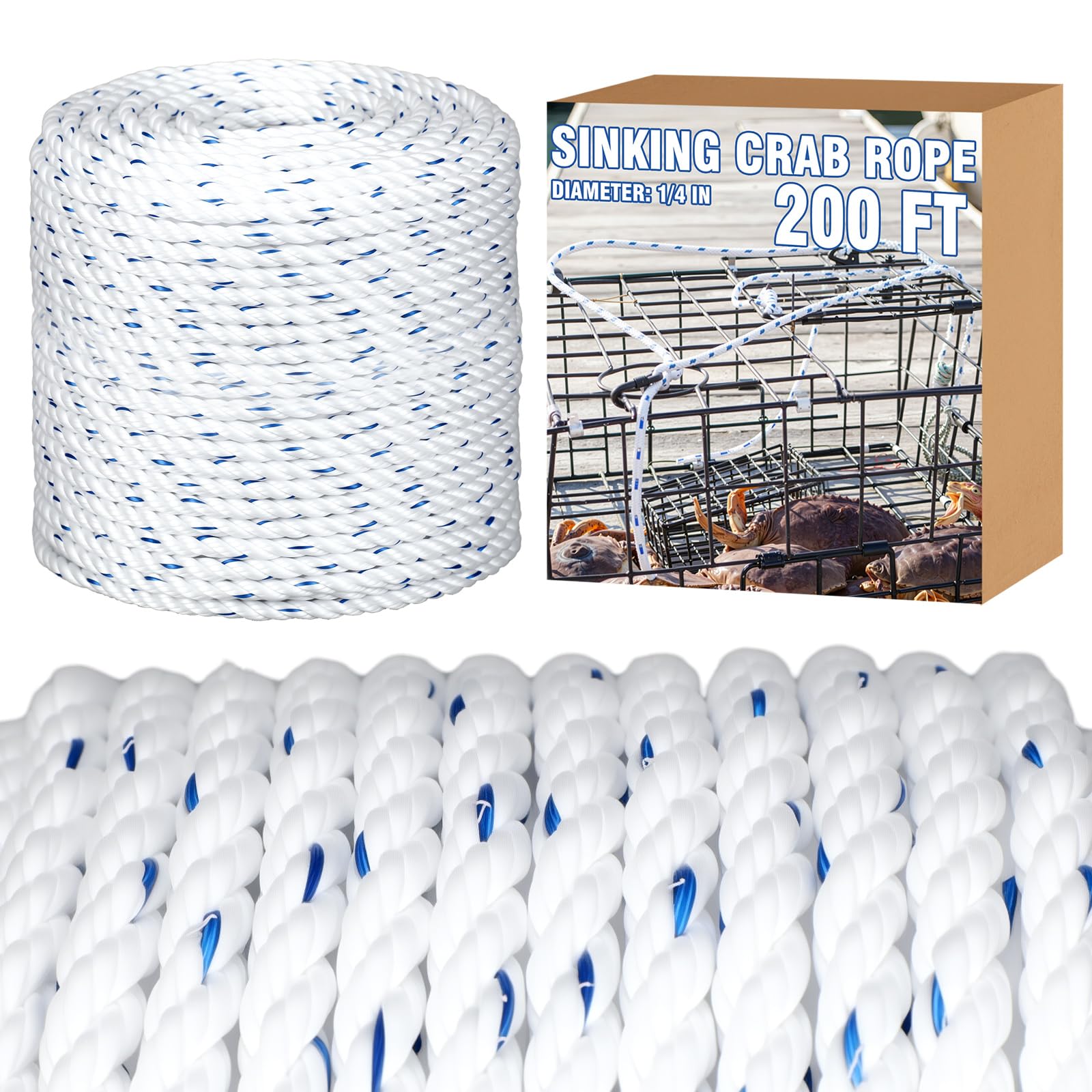 Wesnoy Sinking Line 1/4" Dia-200' Leaded Core Rope for Crab Trap and Shrimp Pot Crab Trap Rope 3 Strands Twist PP Line for Harness Fishing Industry — image 1