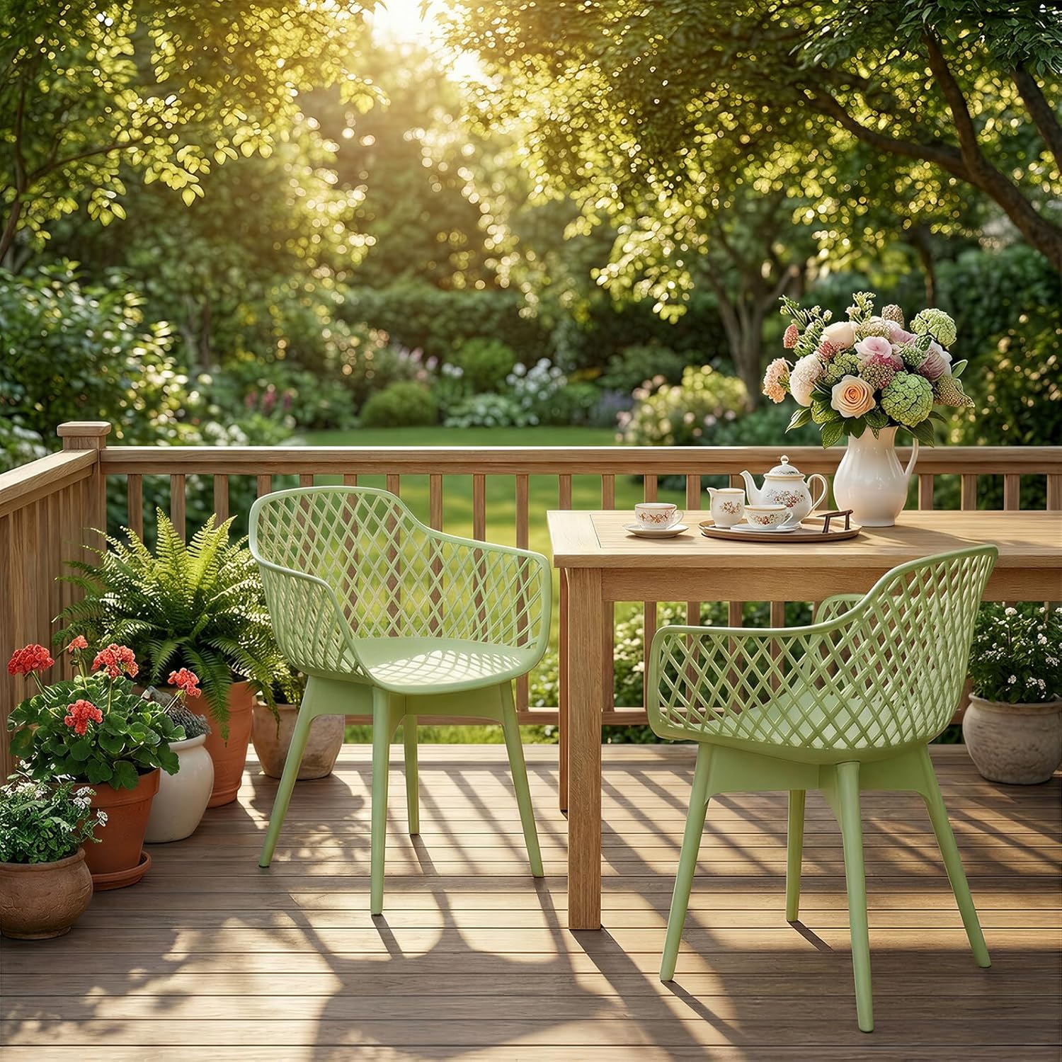 Aoodor Modern Dining Chairs Set of 4, Weather-Resistant Plastic Cafe Chairs with Ergonomic Back and Non-Slip Pad, Suitable for Patio, Restaurant, Yard, Porch, Balcony, Green