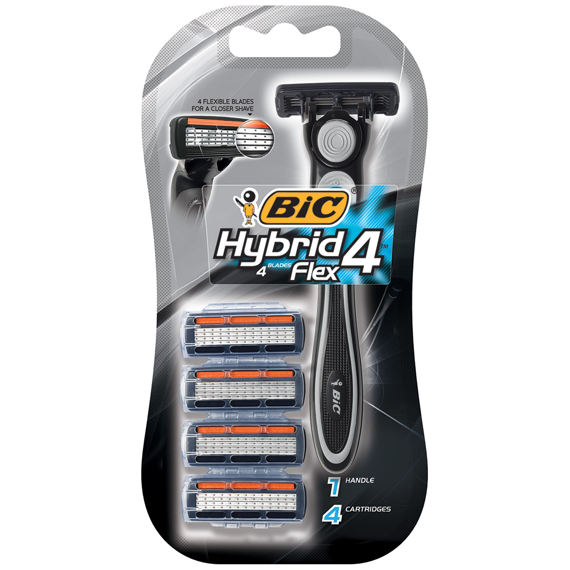 BIC Hybrid 4 Flex Disposable Razor, 1 Handle + 4 Cartridges