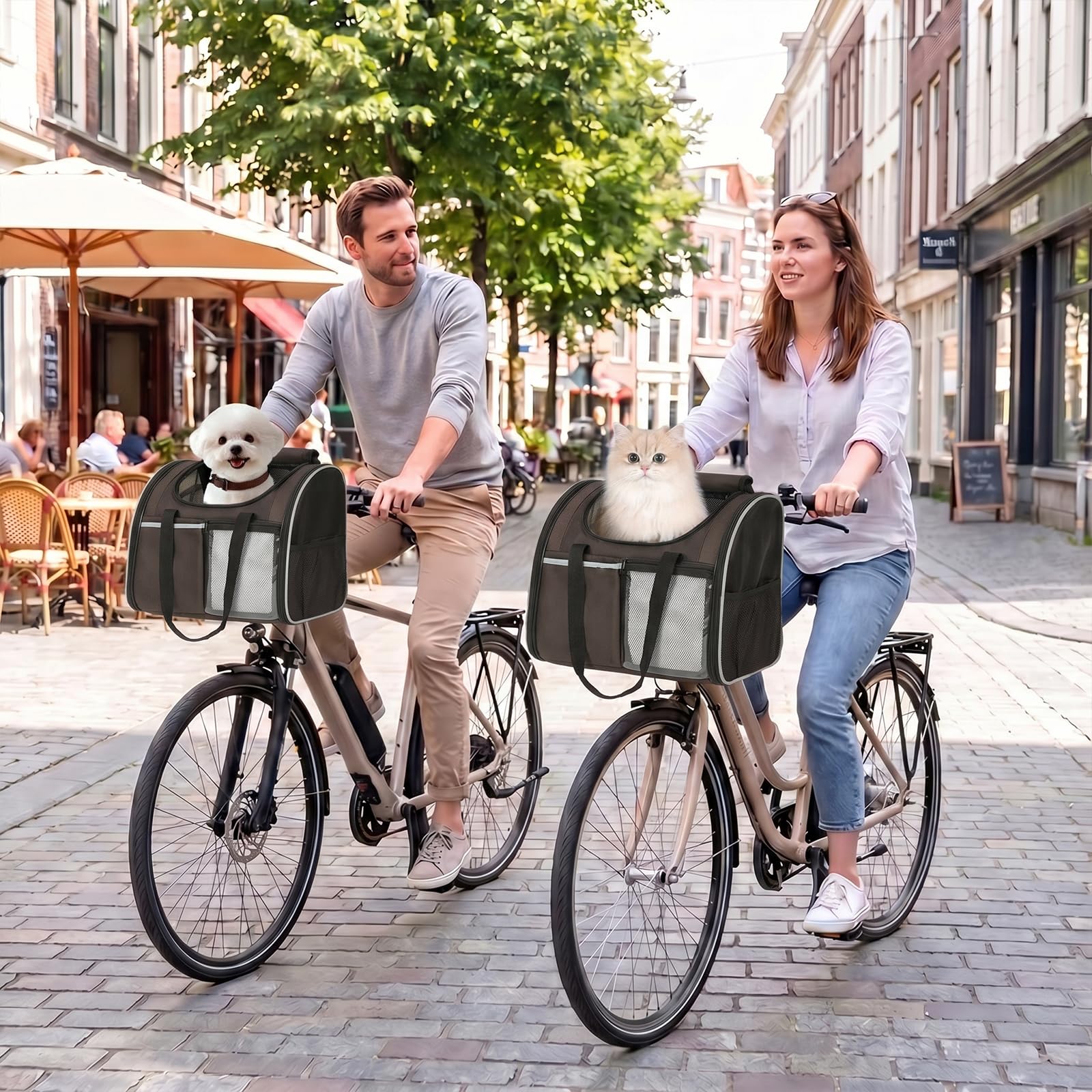 Hundekorb Fahrrad Vorne, Tragbarer Atmungsaktiver Hundefahrradkorb mit Sicherheitsleine Weichem Kissen, Weicher Haustier-Tragerucksack für Kleine Hunde und Katzen bis 6kg (Schwarz)