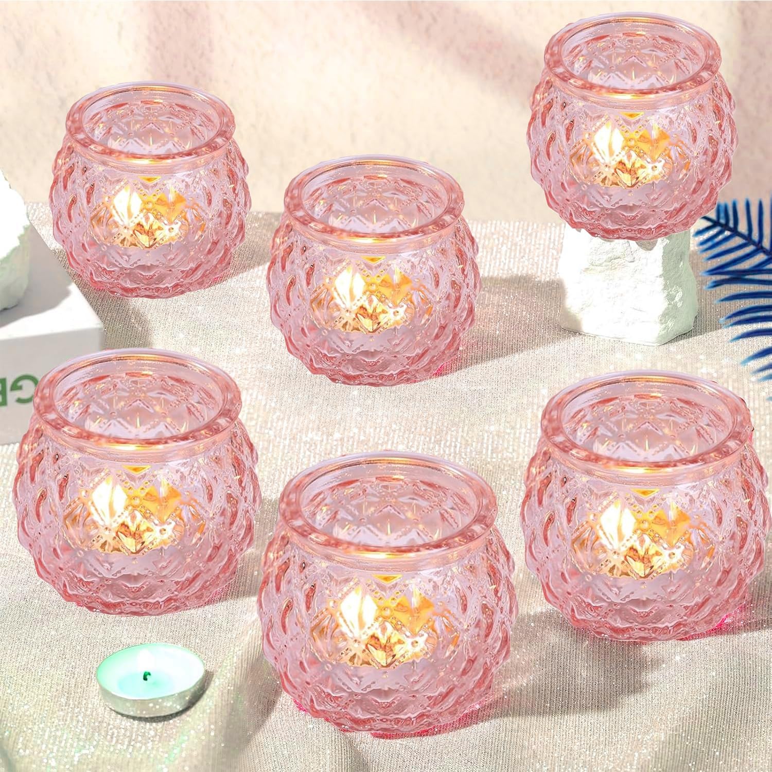 12Pcs Glass Tea Light Candle Holders, Pink Votive Candle Holders Tealight Holders for Table Centerpiece Wedding Home Decoration (Pink)