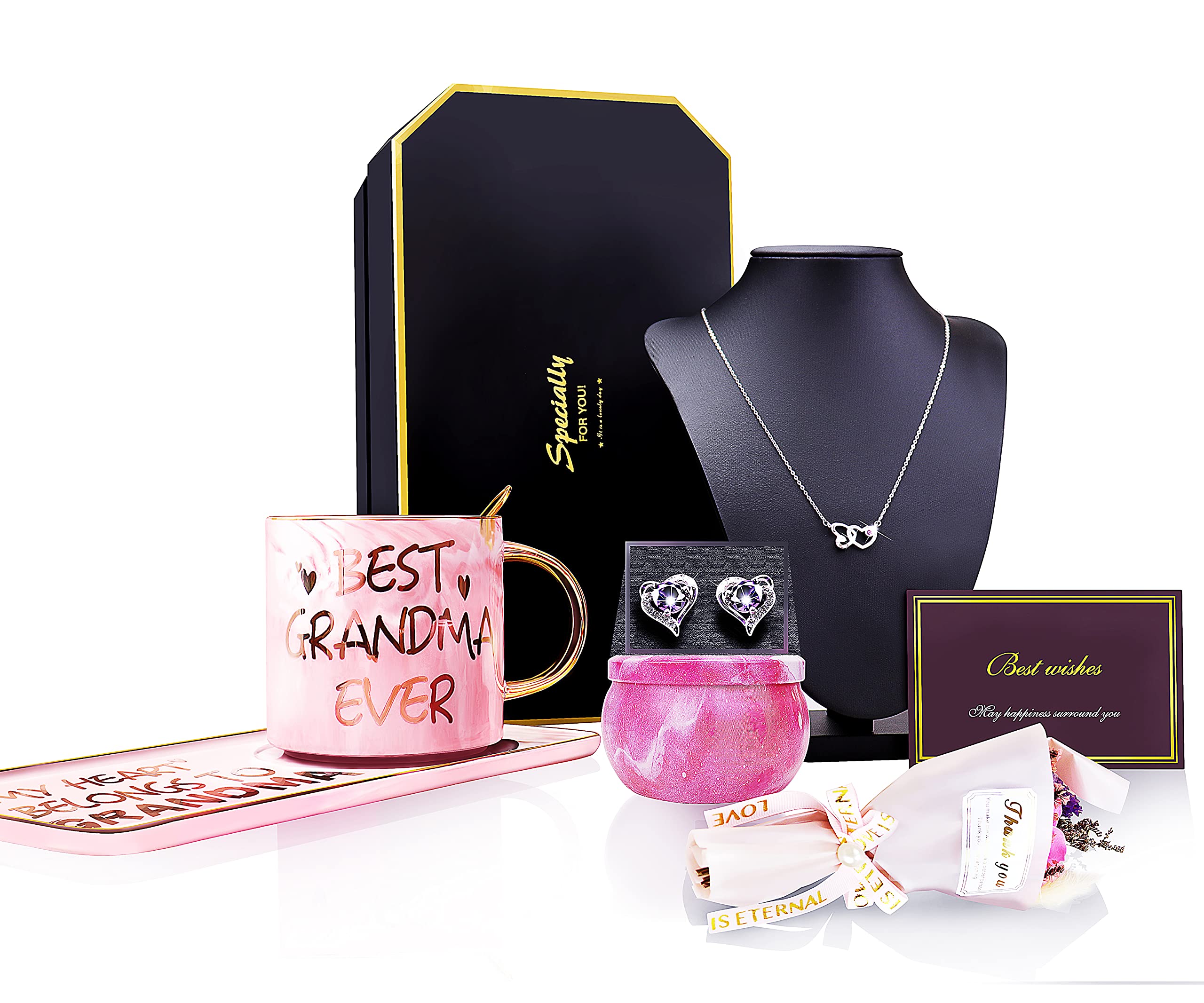 Grandma Gifts -Thank You Gifts Basket for Grandmother, Grammy Ideas for Birthday Mothers Day Christmas Include Silver Heart Necklace Earrings Coffee Mug Set Candle Flower New Grandma Gifts First Time