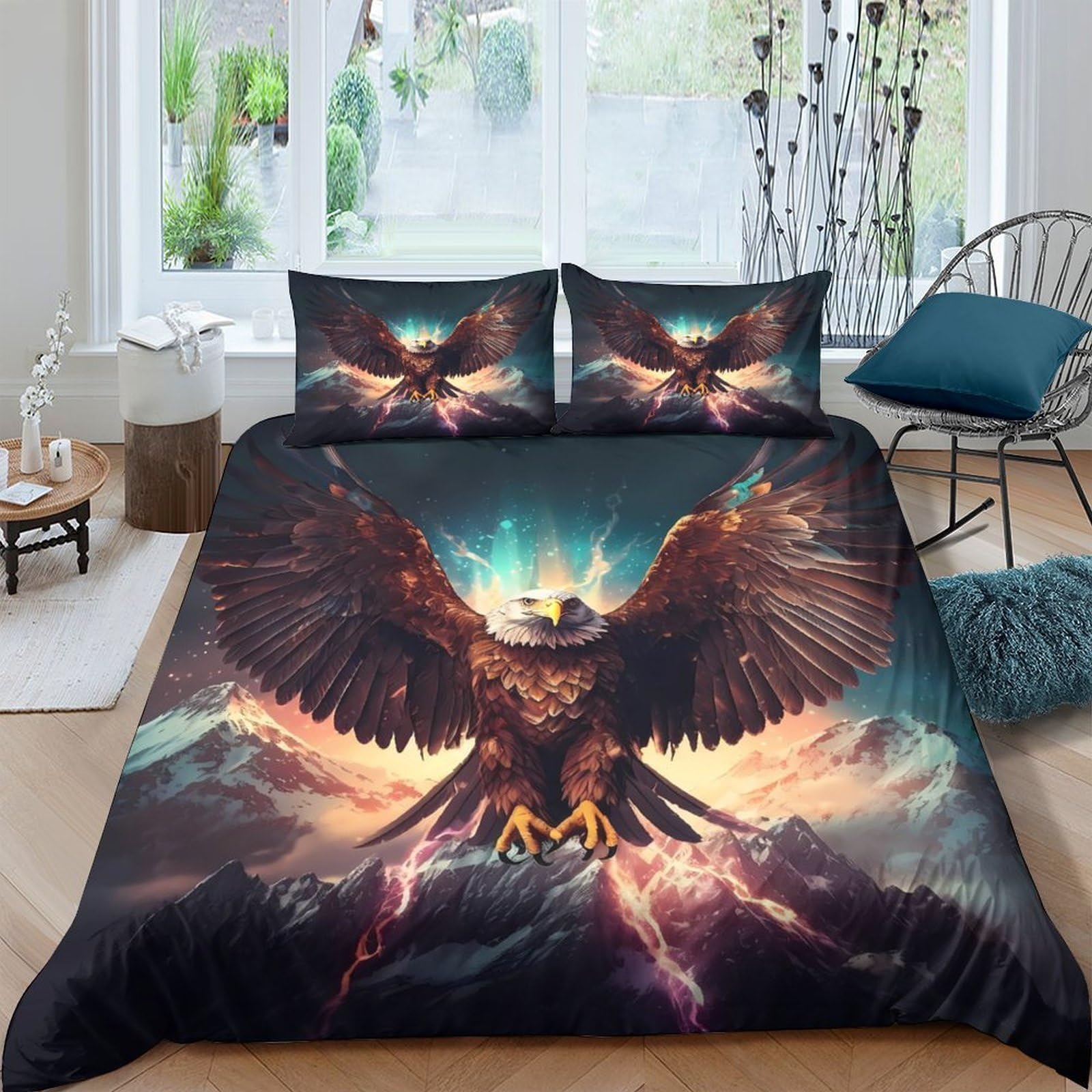 Ctjqhvkz Style-2 3D Printed Majestic Eagle Fitted Sheet Microfiber Soft Breathable Mountain Sunrise Mattress Cover Bedroom Decor Single（135X200cm）