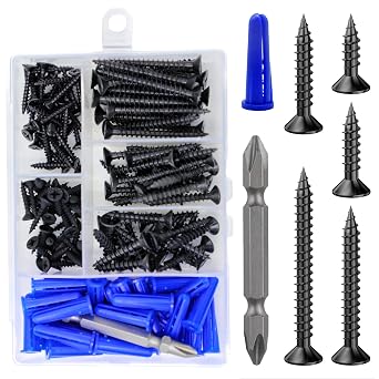 Wensilon 150Pcs Black Wood Screw Quick Metal Self Tapping Flat Head with Drywall Plastic Anchors kit