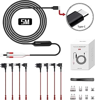Dash Cam Hardwire Kit, 16.4ft/5M Type C USB Hardwire Kit 12V-24V to 5V with Low Voltage Protection Car Dash Camera Charger Power Cord, Enables Parking Mode, Supply All USB Type-C Devices