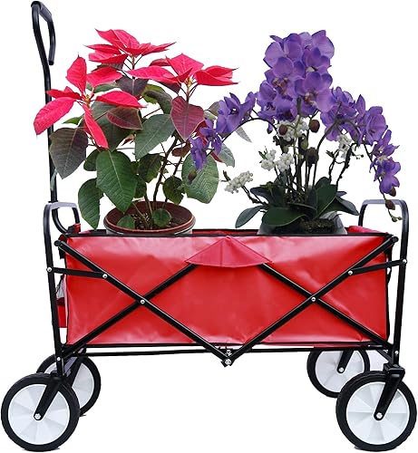 Carro de lona con ruedas plegable, plegable, plegable, resistente, todo terreno, para exteriores, campamento, playa, jardín, comestibles (rojo) (01)