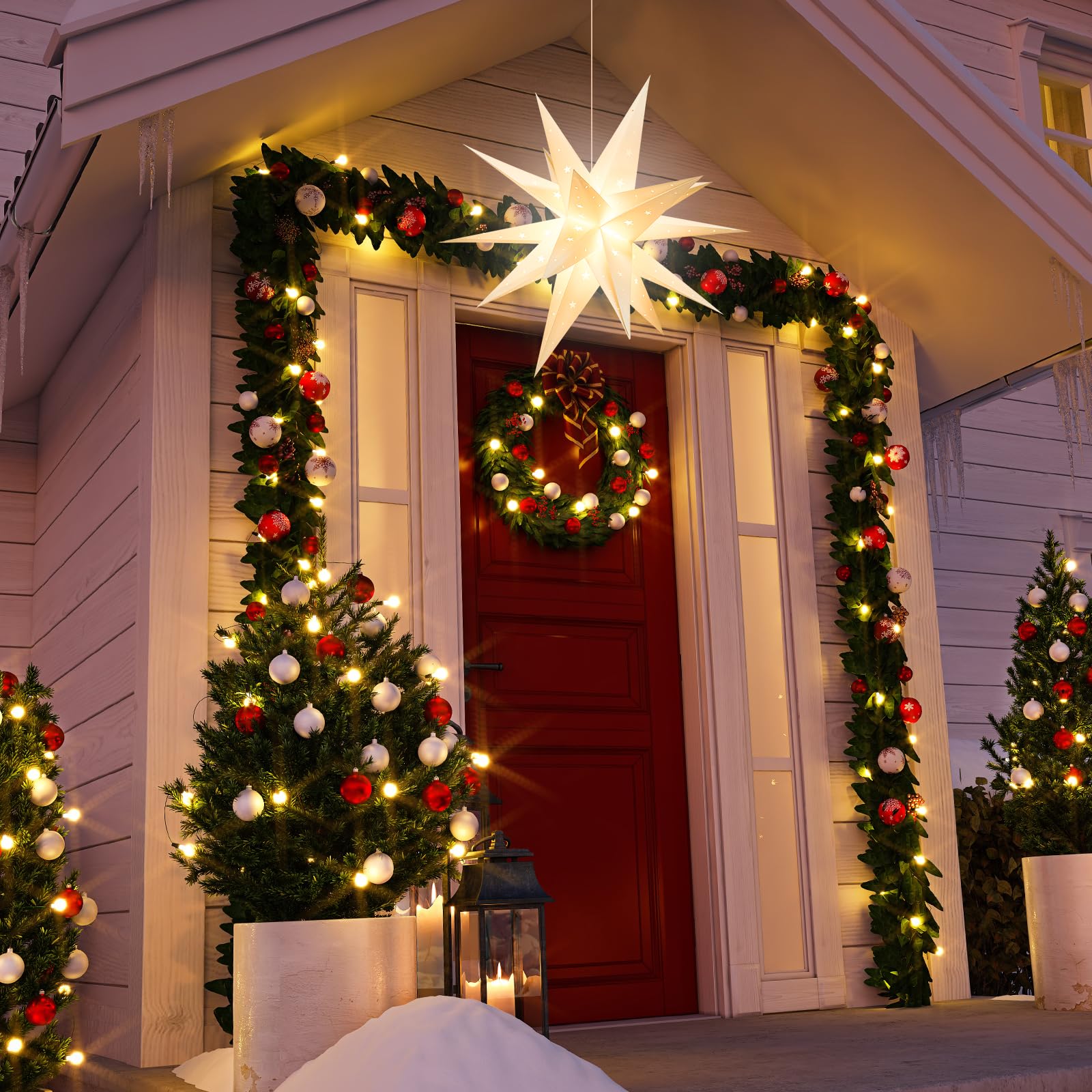 Luz para exteriores con diseño de estrella moravia de 23 pulgadas con temporizador, estrella de Navidad de PVC 3D blanco cálido IP44, decoración colgante impermeable para porche, jardín, boda