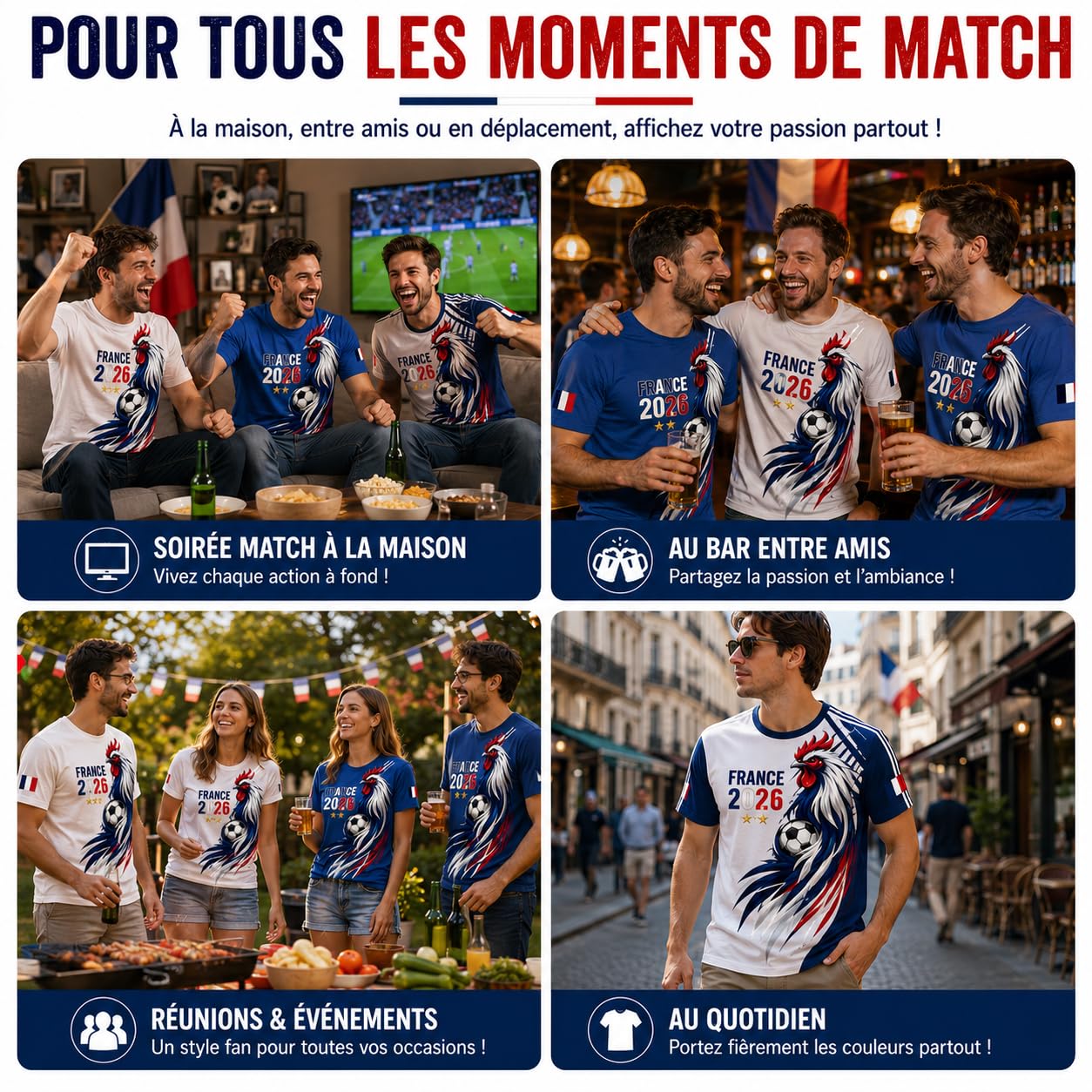 Générique Maillot France 2026 Homme – Maillot de Foot France avec Coq Gaulois, Haut Décontracté Style Fan Respirant pour Supporter Équipe de France Football