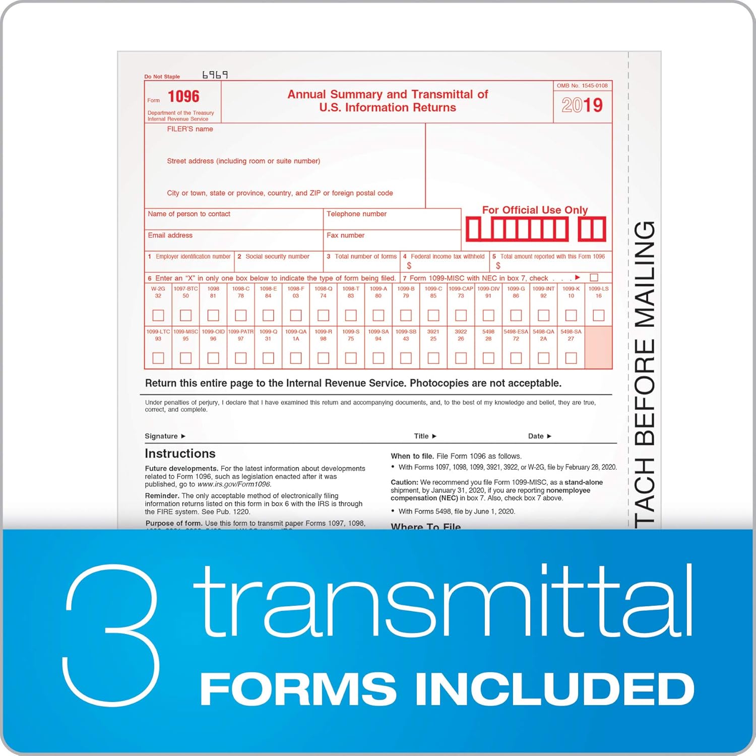 TOPS 1099 MISC Forms 2019, 5 Part Tax Forms, 50 Recipients Laser/Inkjet Forms, 3 1096 Summary Forms (TXA22993), White (TX22993) : Office Products