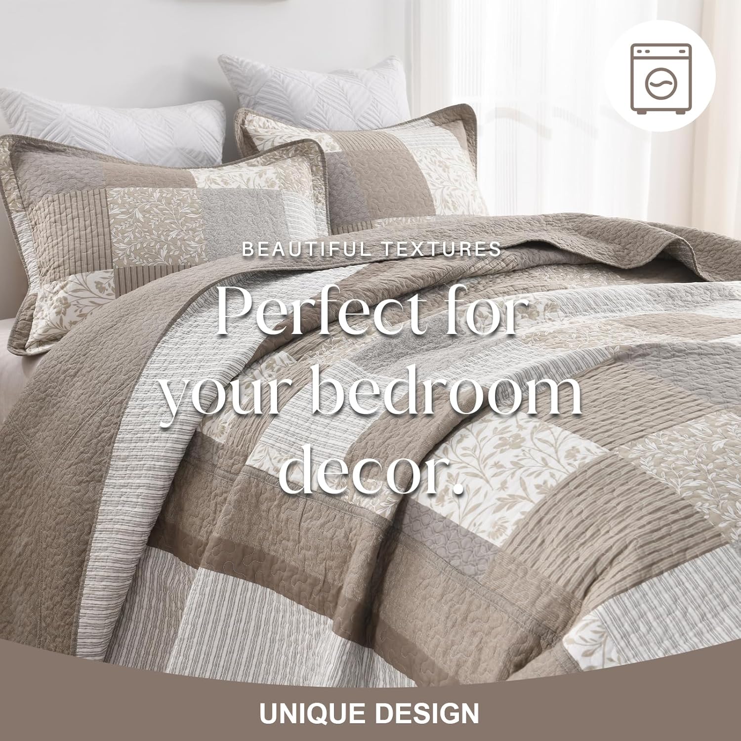 Farmhouse Oversized Queen Bedspreads 120"x102", 100% Cotton Plaid Extra Large Quilt with 2 Pillow Shams, Lightweight Reversible Quilted Bedspread Coverlet, Gray/Beige/Brown