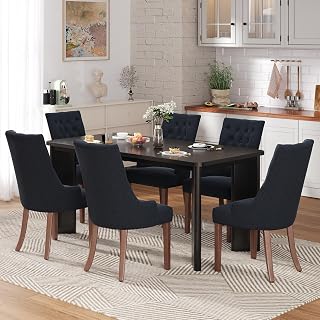 7-Piece Rectangular Dining Table Set for 6, 63" Industrial Kitchen Table with 6 Tufted Parsons Dinner Chairs for Dining Room, Kitchen, Living Room, Black+Black