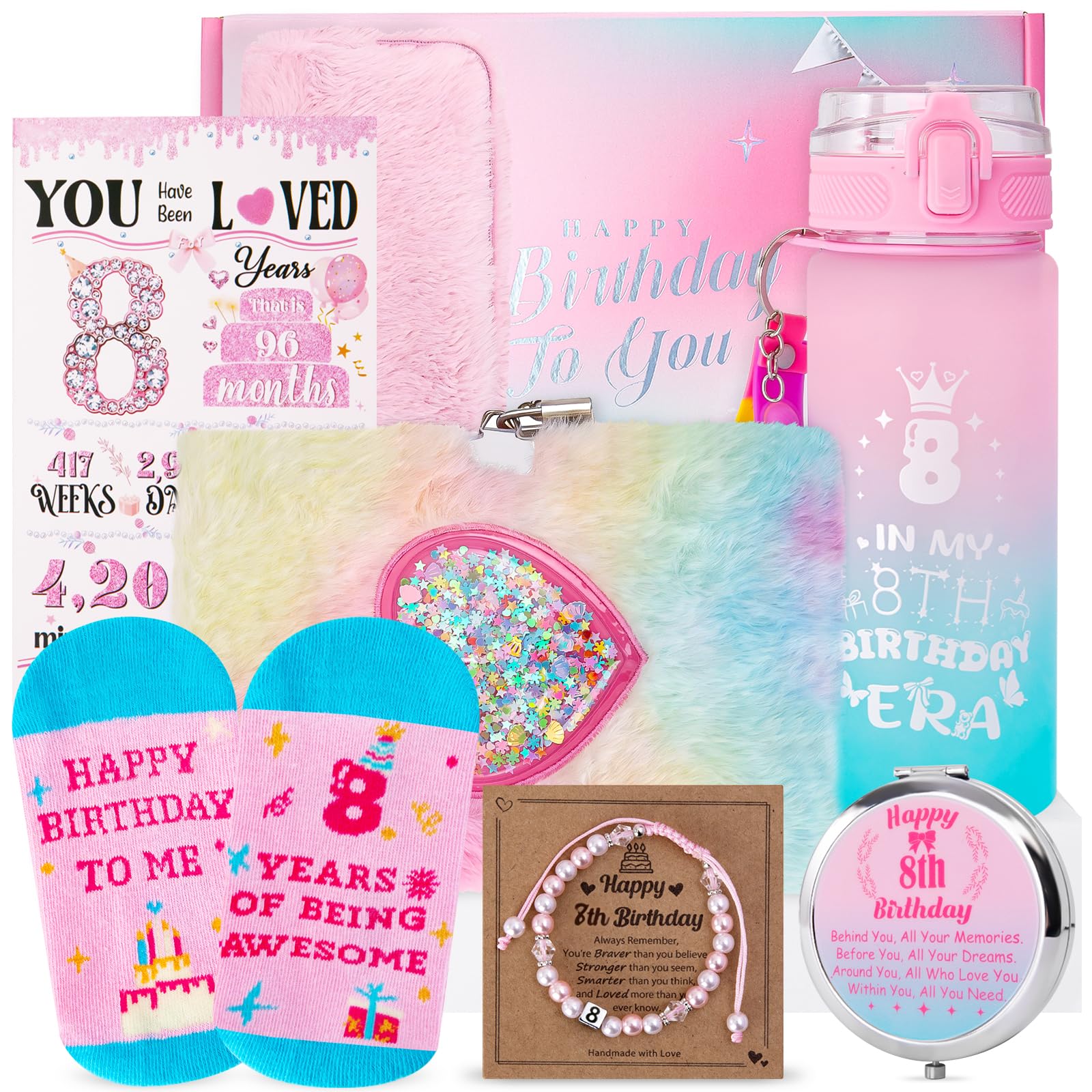 8 Year Old Girl Gifts, Happy 8th Birthday Gifts for Girls, Unique Presents for 8 Year Old Girls, Daughter, Granddaughter, Niece, Sister, with 20oz Water Bottle Bracelet Socks Card Elegant Gift Box