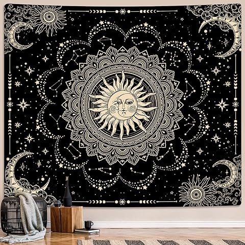 ARTCREATOR Sun and Moon Tapestry, Black Golden Mandala Tapestries Astrology Space Wall Hanging Boho Hippie Decor for Bedroom, Living Room, Ceiling (29