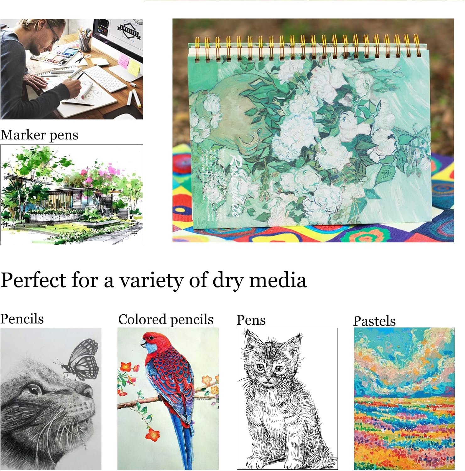 Van Gogh Mixed Media A4 Sketch Book, Spiral Bound Sketch Pad, 1 Pack 60Sheets (98lb/160gsm), Acid Free Art Sketchbook Sketching Drawing Painting Thick Paper for Kids Adults Beginners Artists
