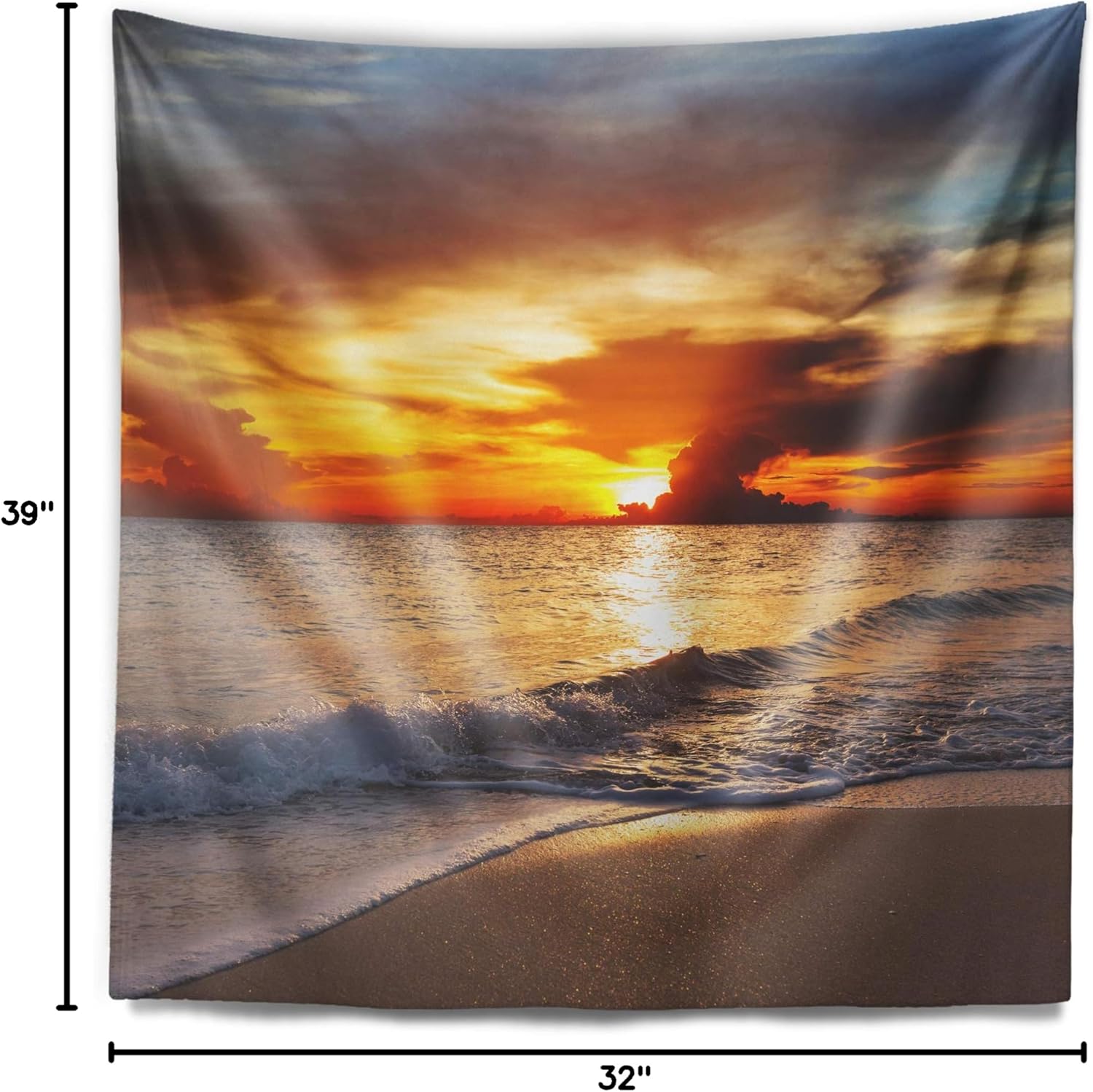 Designart ' Yellow Sunset Through Dark Clouds' Seashore Tapestry Blanket Décor Wall Art for Home and Office, Created On Lightweight Polyester Fabric Medium: 32 in. x 39 in