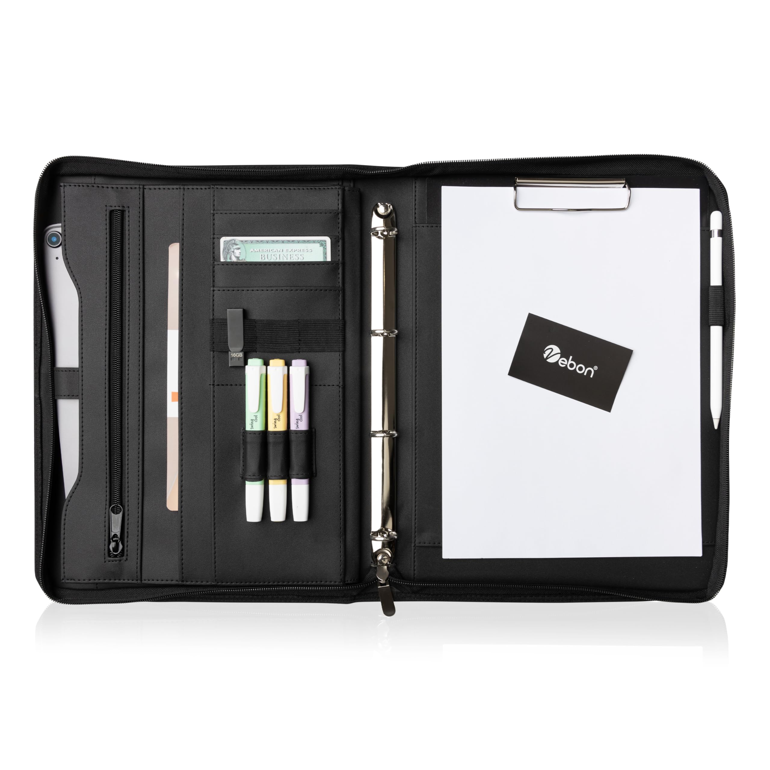 Vebon® Carpeta de anillas A4 "Berlin" I con cremallera + portapapeles I Carpeta de conferencias + funda para ordenador portátil I espacio extra I Negro I piel sintética, Gris Fantasma, moderno