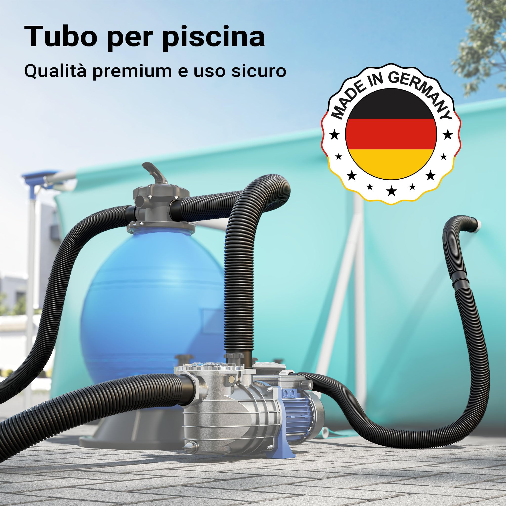 Wiltec Tubo per piscina nero, 30m Ø 38 mm, sezionabile ogni 1,5 m, galleggiante, in resina 190 g/m Made in EU