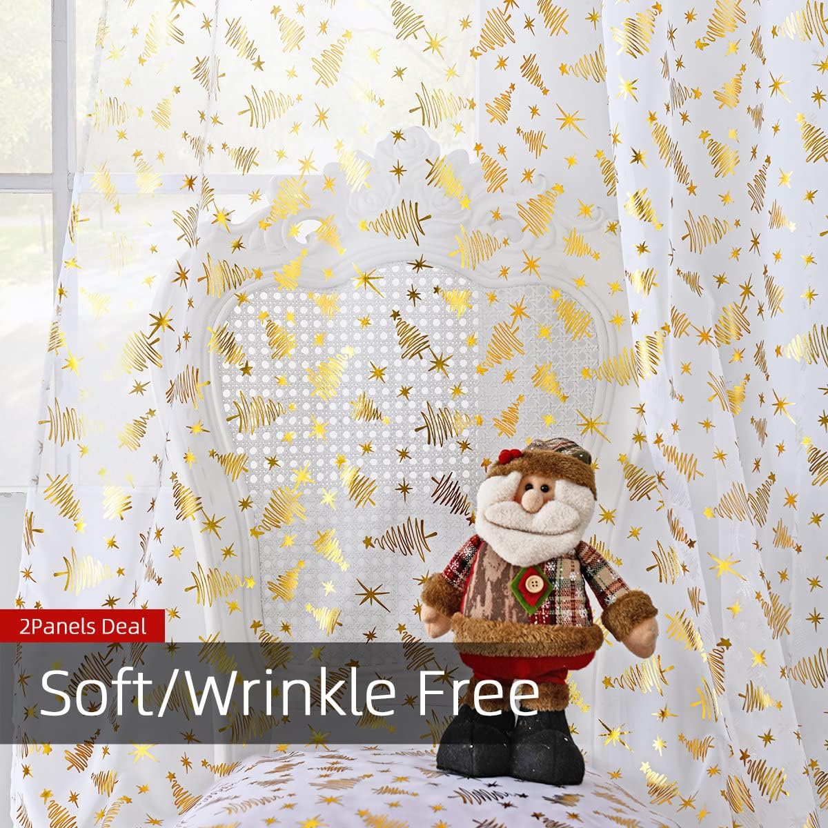 youleyar Christmas Tree Sheer Curtains, Luxury Gold Foil Print Voile Sheer Curtains, Metallic Bronzing Treatment Pair for Holiday Window Decoration, Living Room, Set of 2 Panels White, 52 x 108 inch