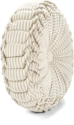 Miniatura 4 de Lush Decor Farmhouse Ticking - Almohada decorativa plisada de hilo teñido, 14 pulgadas, redonda, neutra, redonda, almohadas para cama, sofá o silla