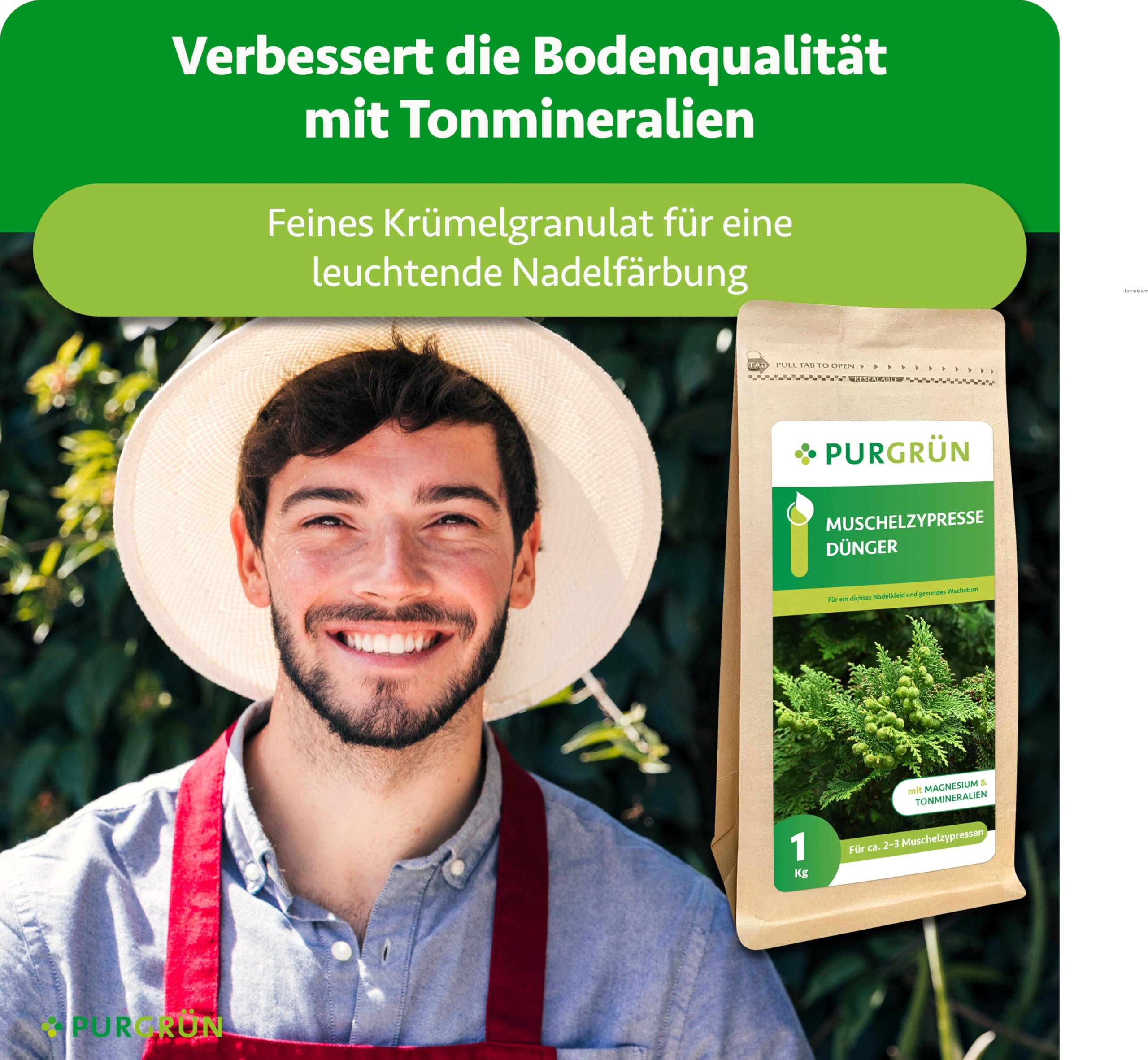 Muschelzypresse-Dünger 1 kg – Organisch-mineralische Rezeptur – Feinkörniges Krümelgranulat – NPK 9+4+8 – Extra Magnesium für leuchtend grüne Nadeln – Verbessert die Bodenqualität